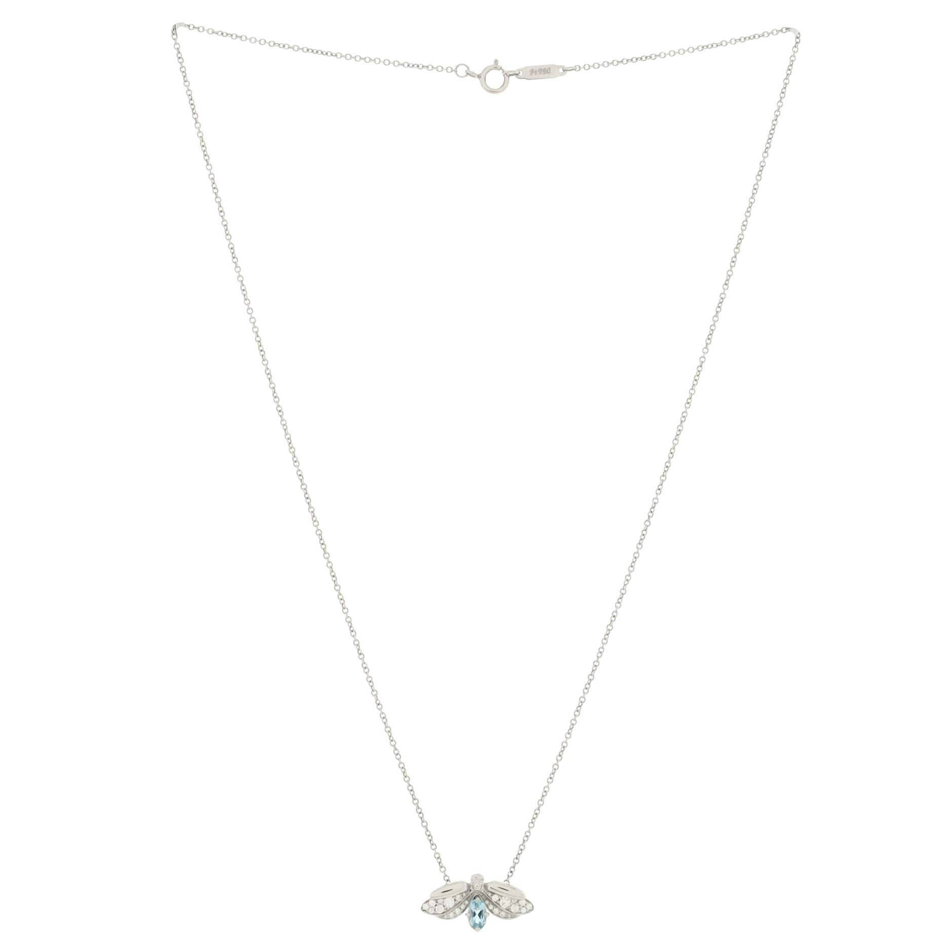 Paper Flowers Firefly Pendant Necklace Platinum with Diamonds and Aquamarine Small