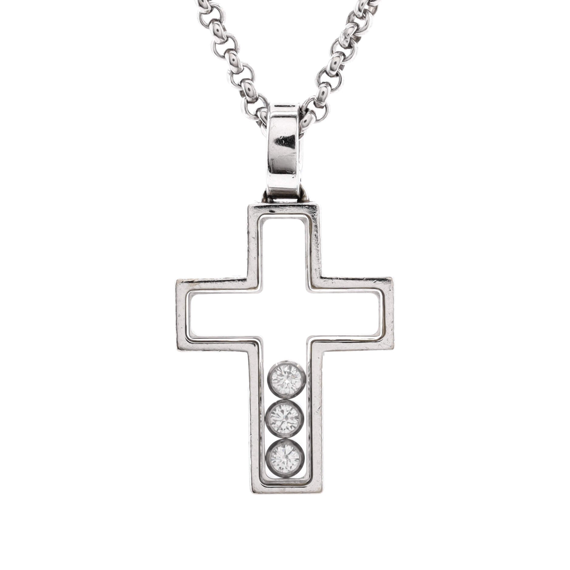 Happy 3 Diamonds Cross Pendant Necklace 18K White Gold with Floating Diamonds