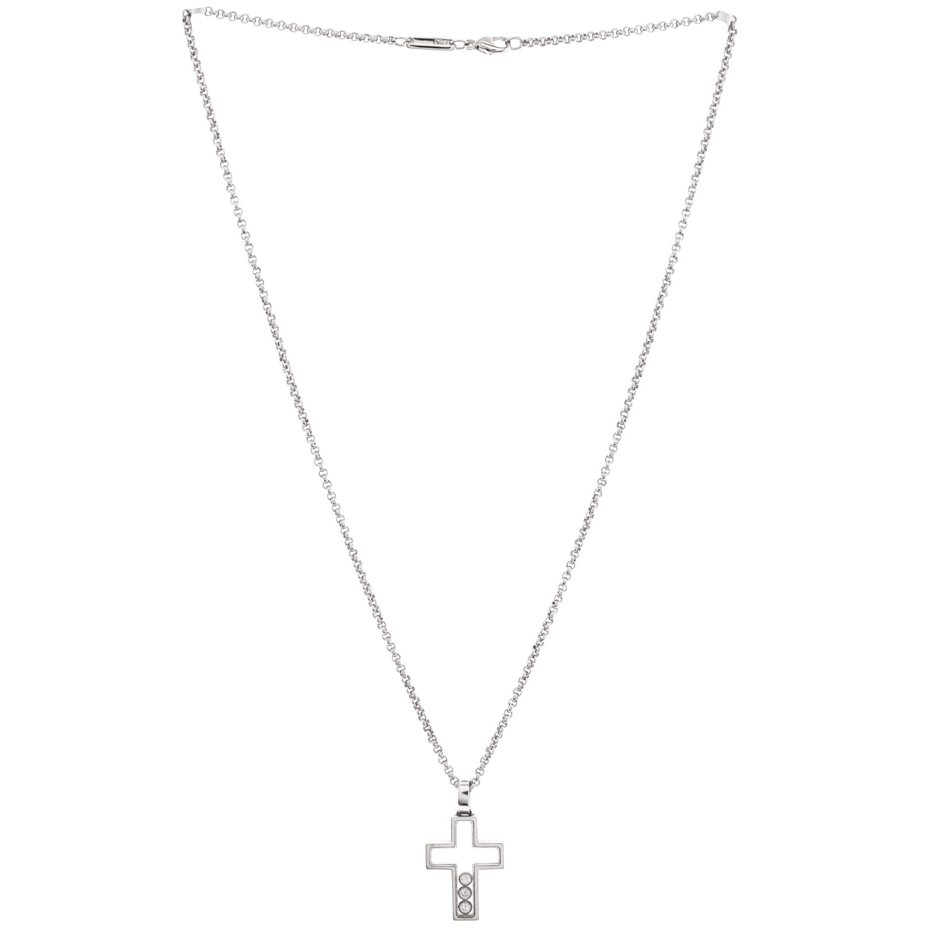 Happy 3 Diamonds Cross Pendant Necklace 18K White Gold with Floating Diamonds