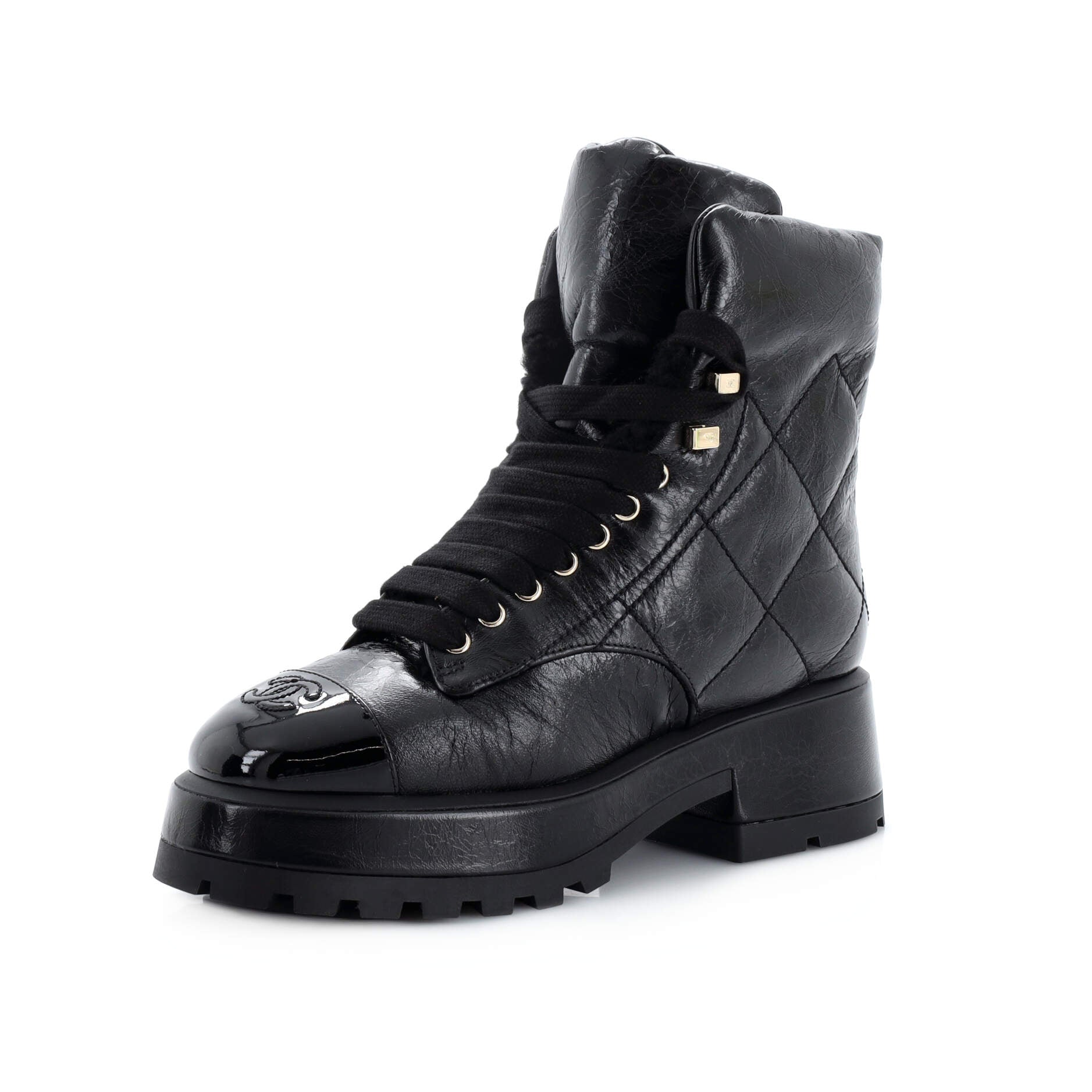 Women's Chain CC Cap Toe Lace Up Combat Boots Quilted Shiny Calfskin