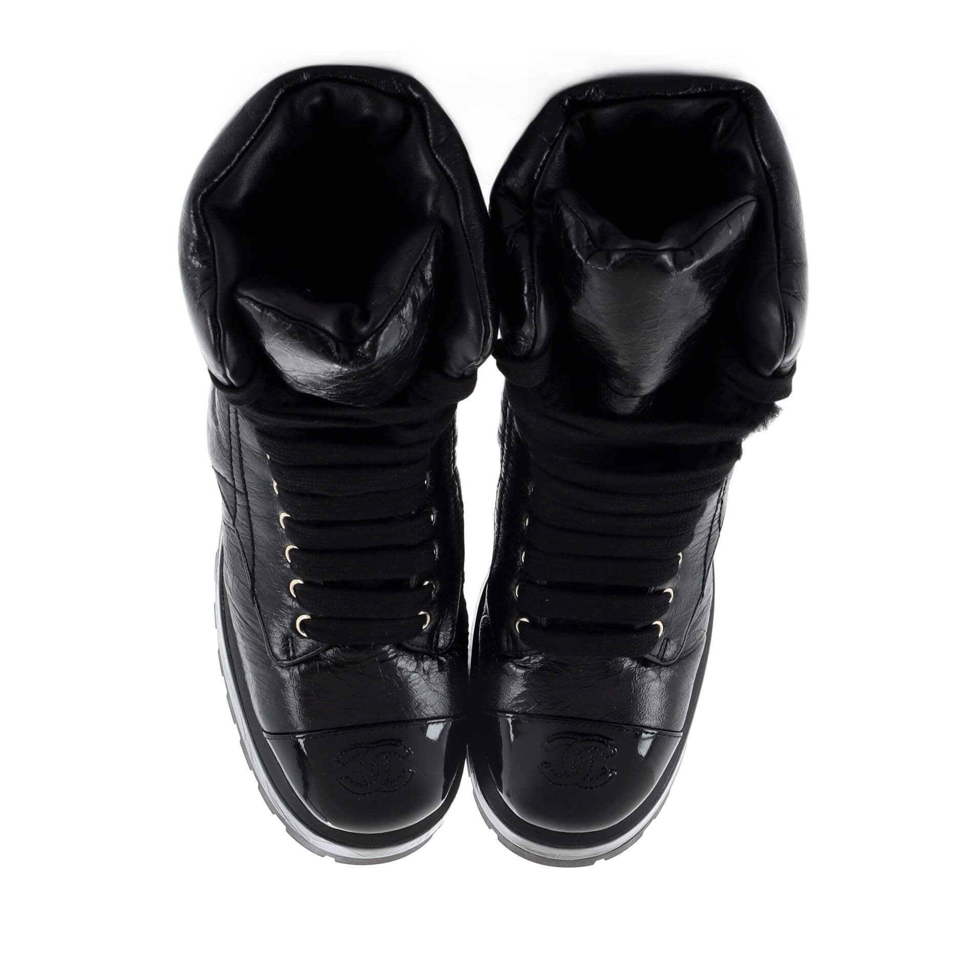 Women's Chain CC Cap Toe Lace Up Combat Boots Quilted Shiny Calfskin