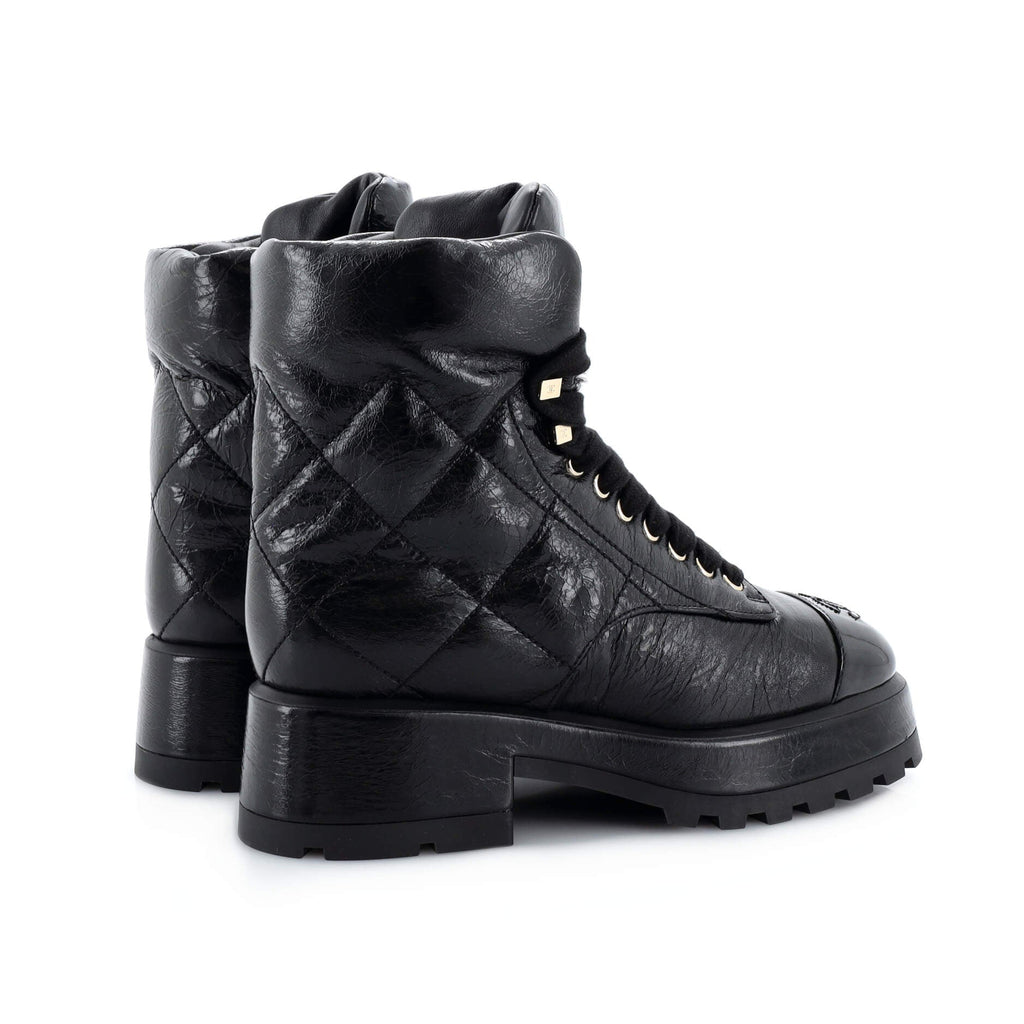 Women's Chain CC Cap Toe Lace Up Combat Boots Quilted Shiny Calfskin