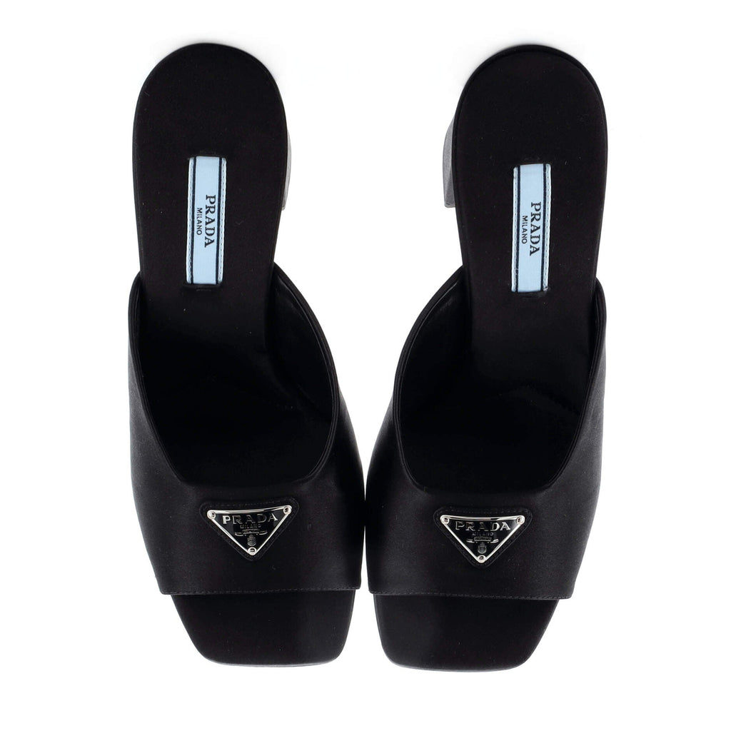 Women's Triangle Logo Heeled Mule Sandals Satin
