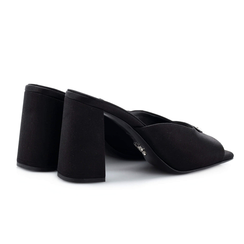 Women's Triangle Logo Heeled Mule Sandals Satin