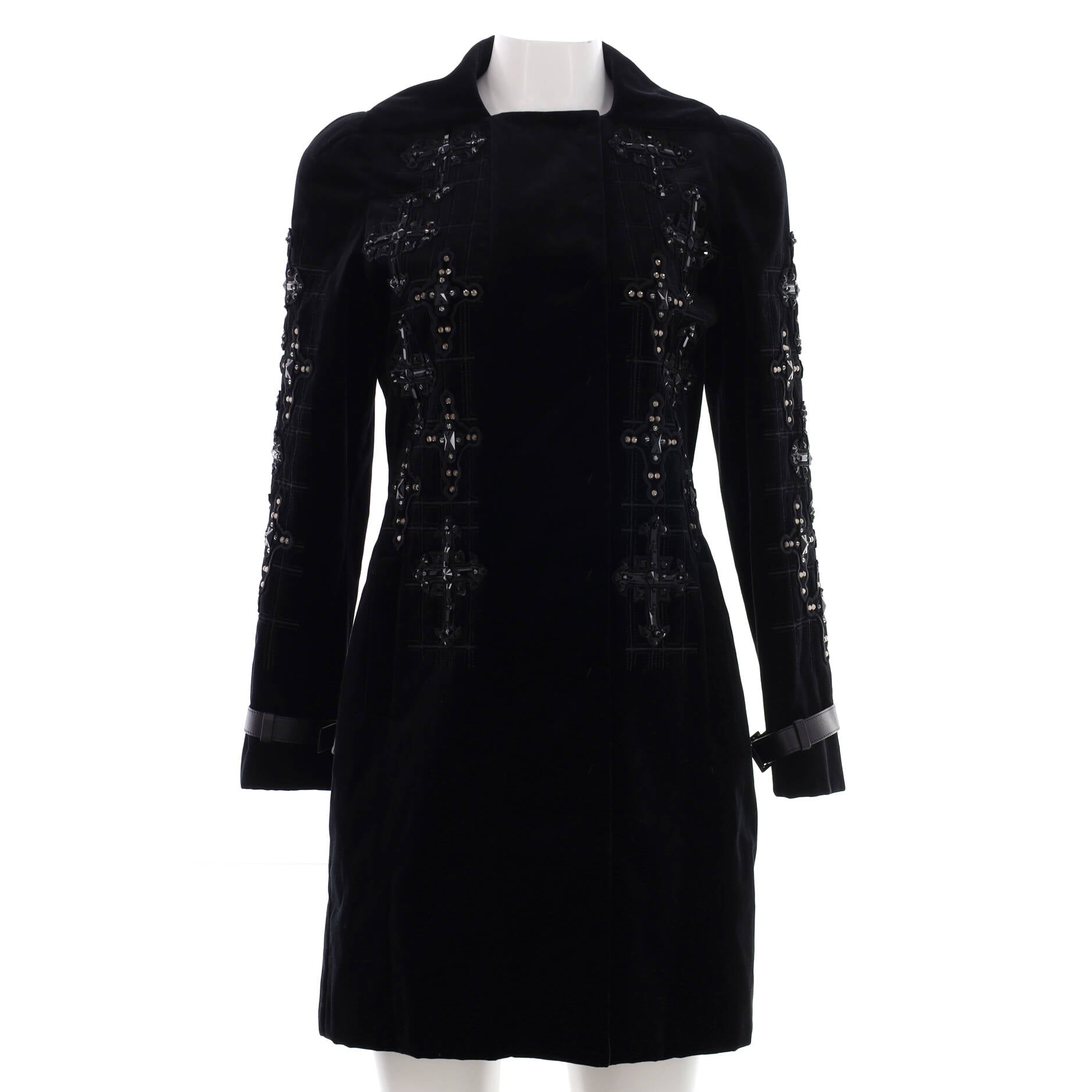 Women's Crystal Cross Mid-Length Coat Embellished Velvet with Leather