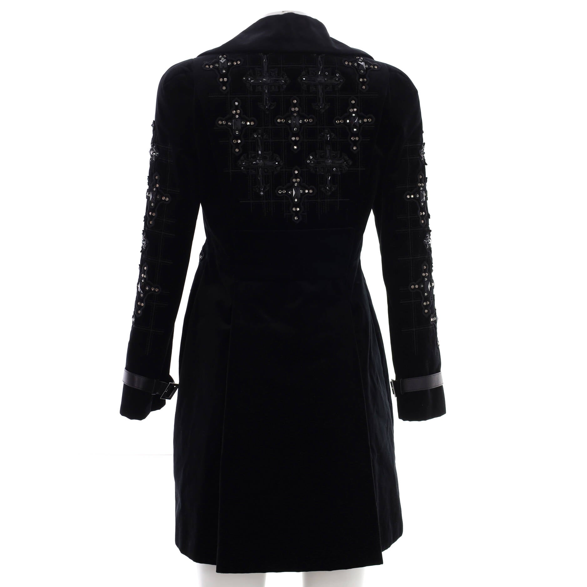 Women's Crystal Cross Mid-Length Coat Embellished Velvet with Leather