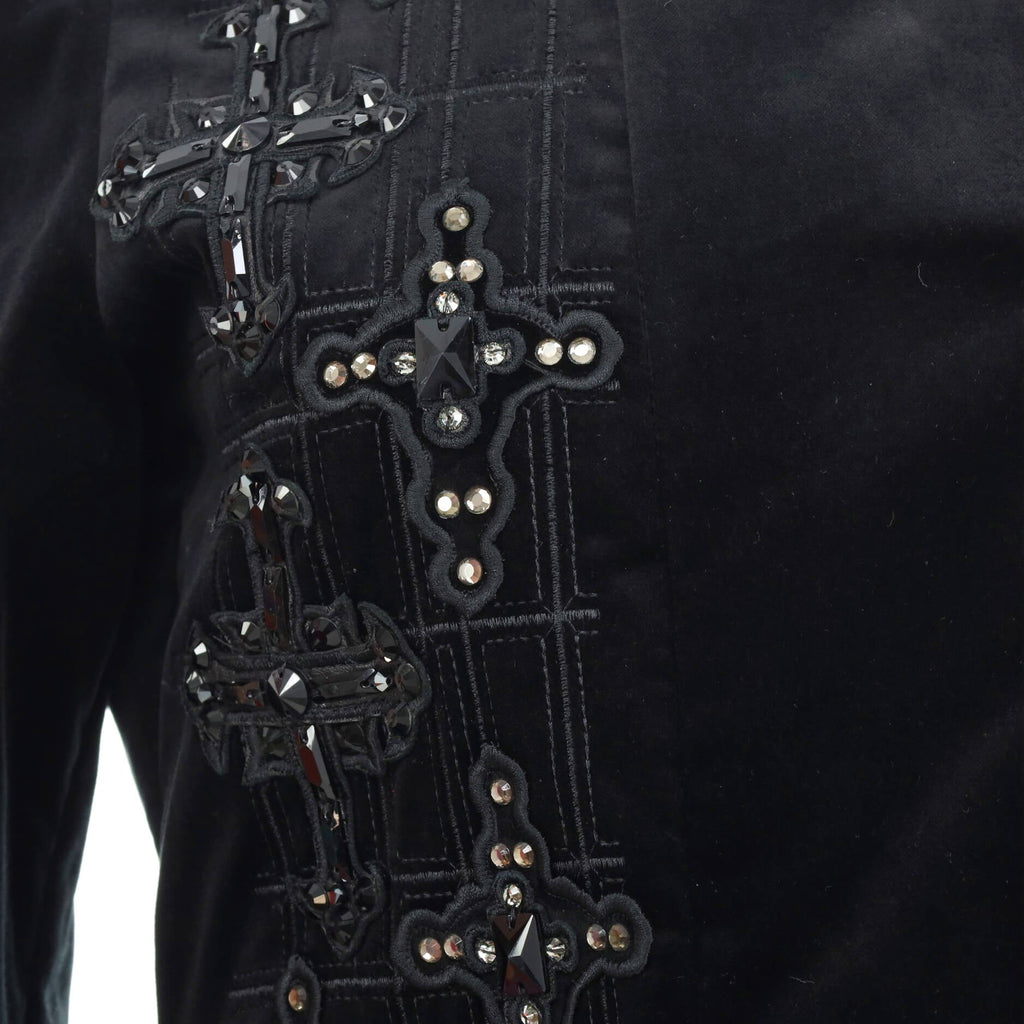 Women's Crystal Cross Mid-Length Coat Embellished Velvet with Leather