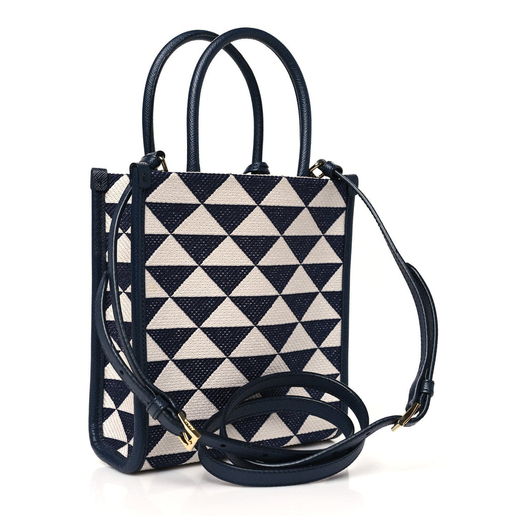 Jacquard Saffiano Triangolo Symbole Embroidered Micro Tote Baltico Talco