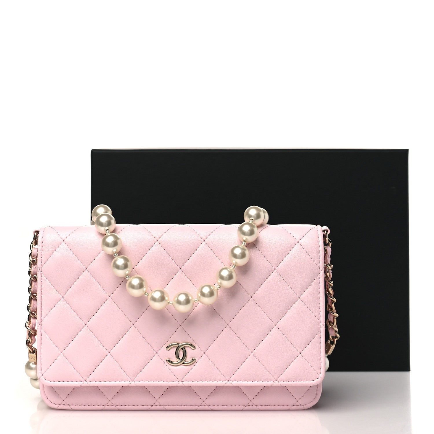 Lambskin Quilted Pearl Wallet On Chain WOC Pink