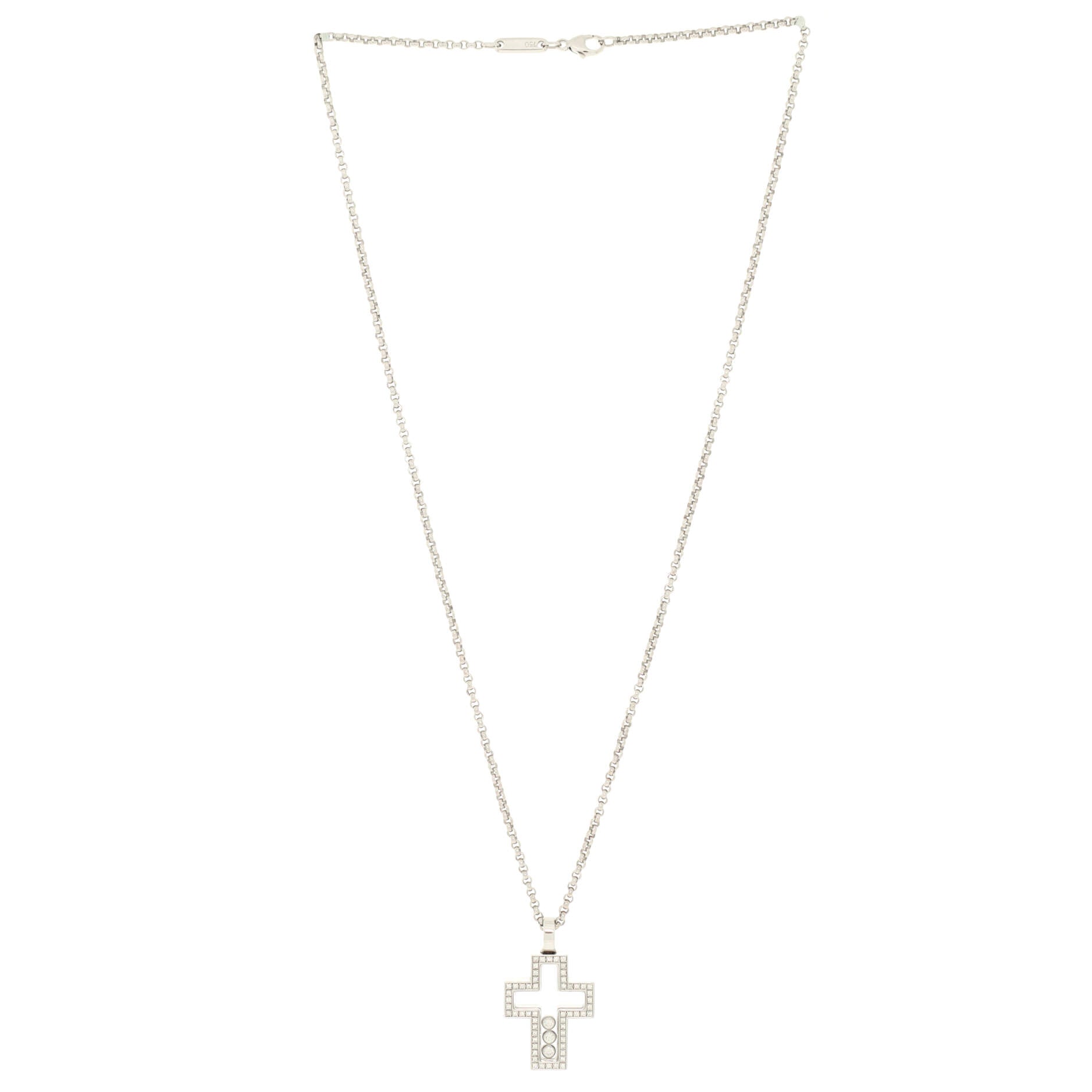 Happy 3 Diamonds Cross Pendant Necklace 18K White Gold with Floating Diamonds and Pave Diamonds