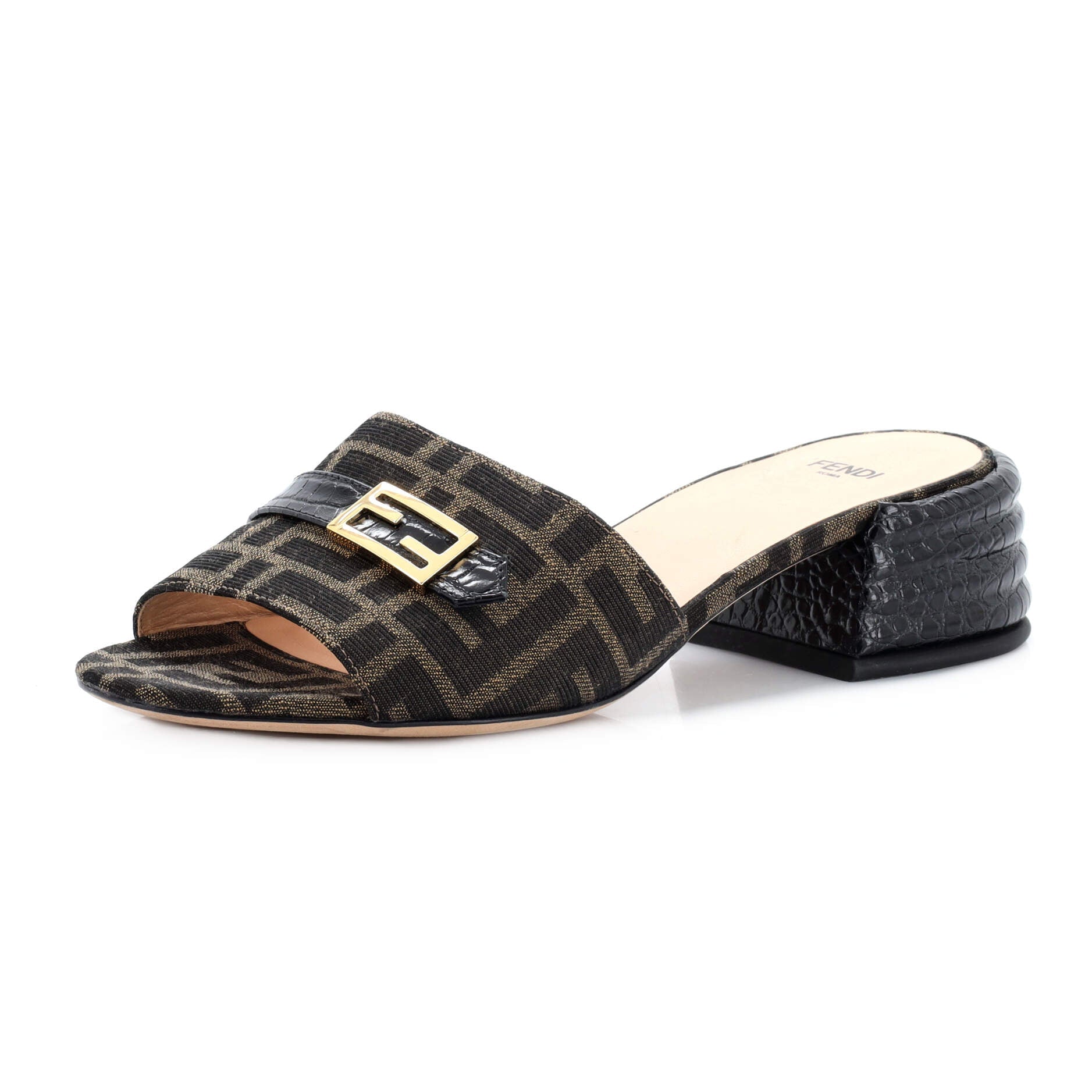 Women's FF Buckle Heeled Slide Mules Zucca Canvas with Crocodile Embossed Leather
