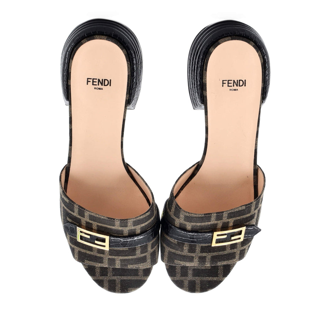 Women's FF Buckle Heeled Slide Mules Zucca Canvas with Crocodile Embossed Leather