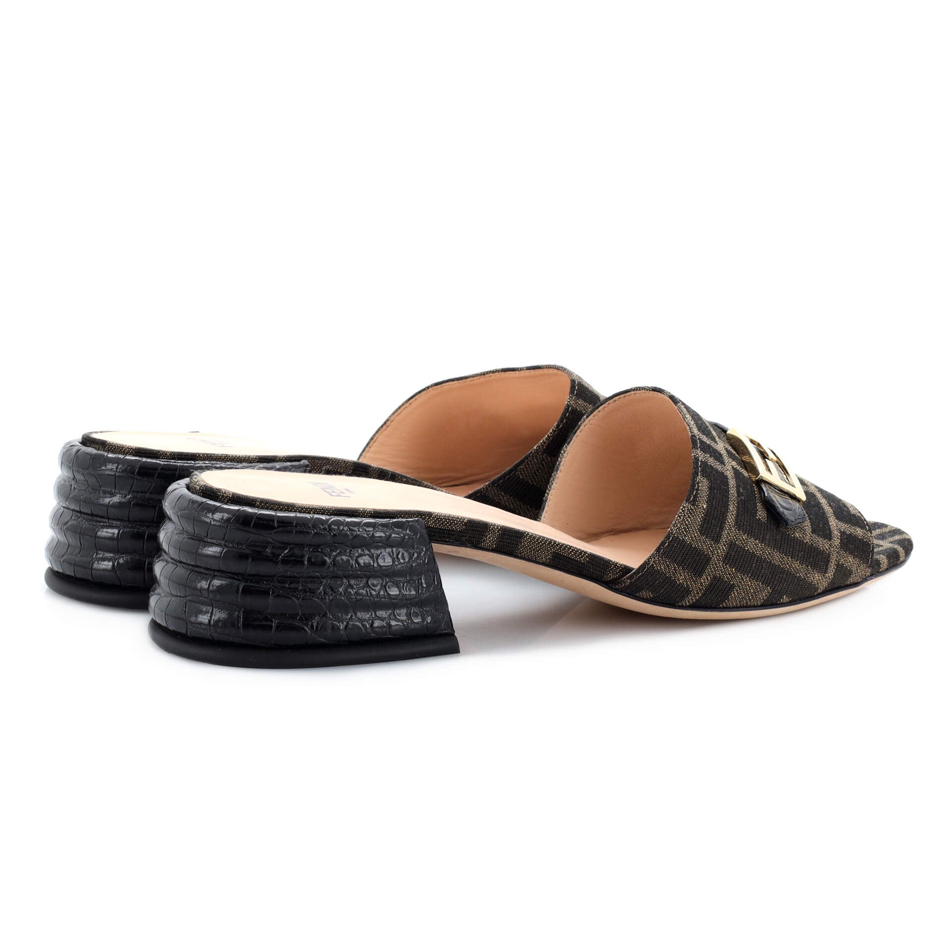 Women's FF Buckle Heeled Slide Mules Zucca Canvas with Crocodile Embossed Leather