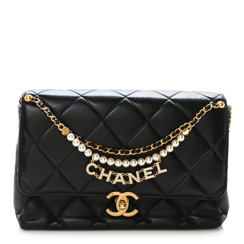 Shiny Lambskin Quilted Mini Pearl Logo Flap Black