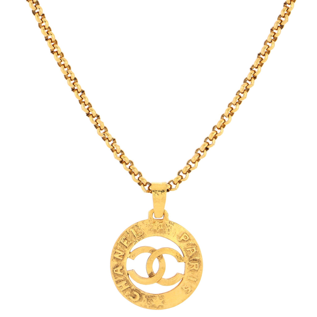 Vintage CC Round Cut-Out Pendant Necklace Metal