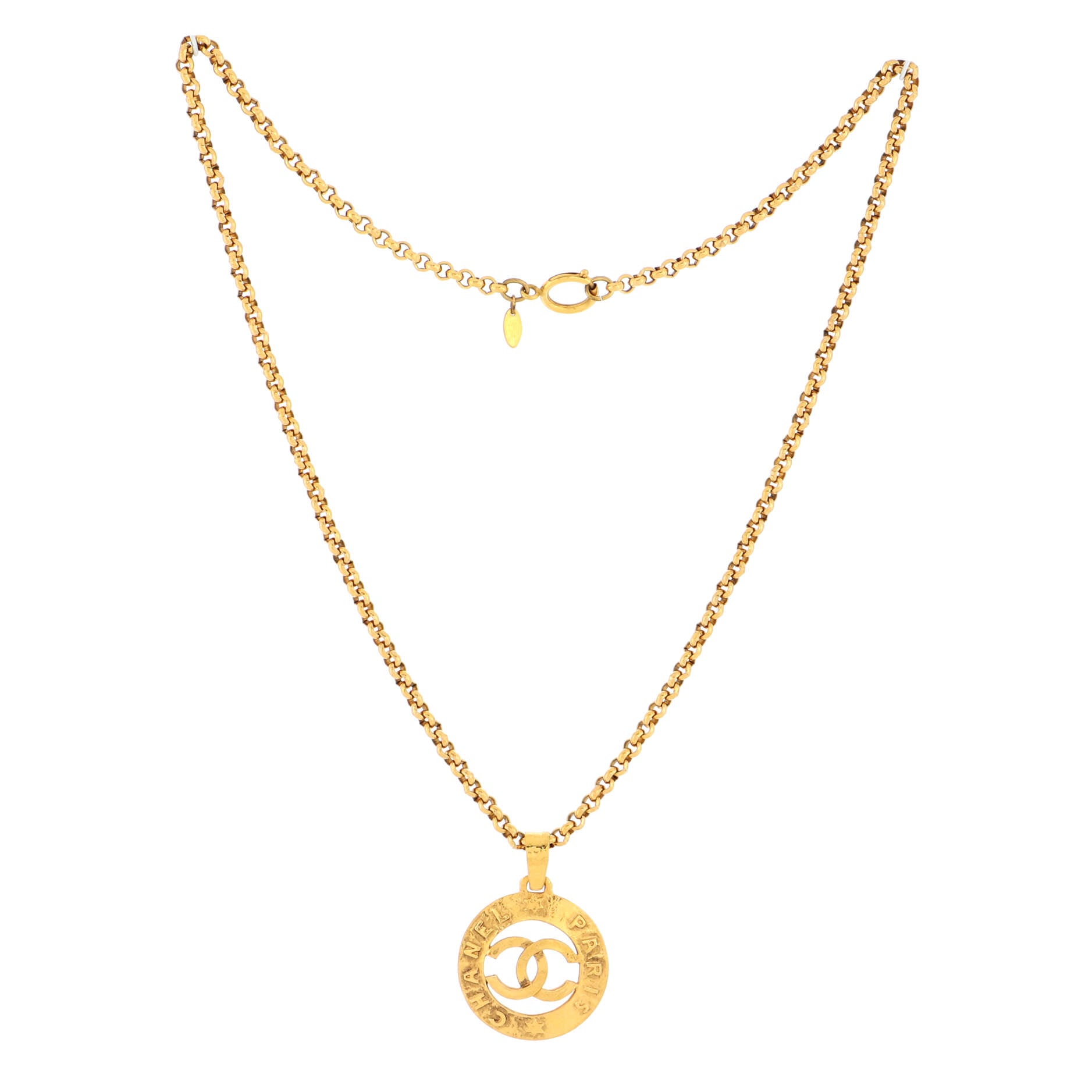 Vintage CC Round Cut-Out Pendant Necklace Metal