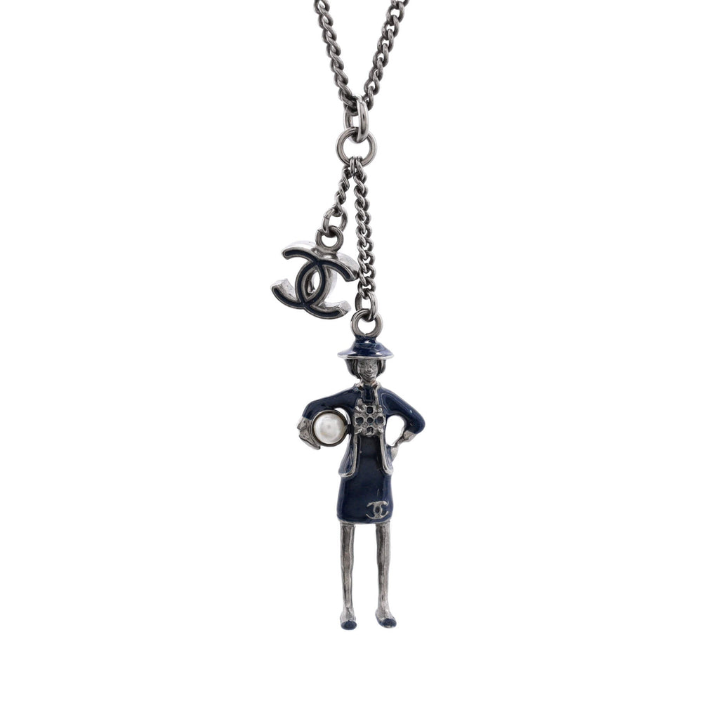 CC Coco Mademoiselle Figurine Pendant Necklace Metal with Faux Pearl and Enamel