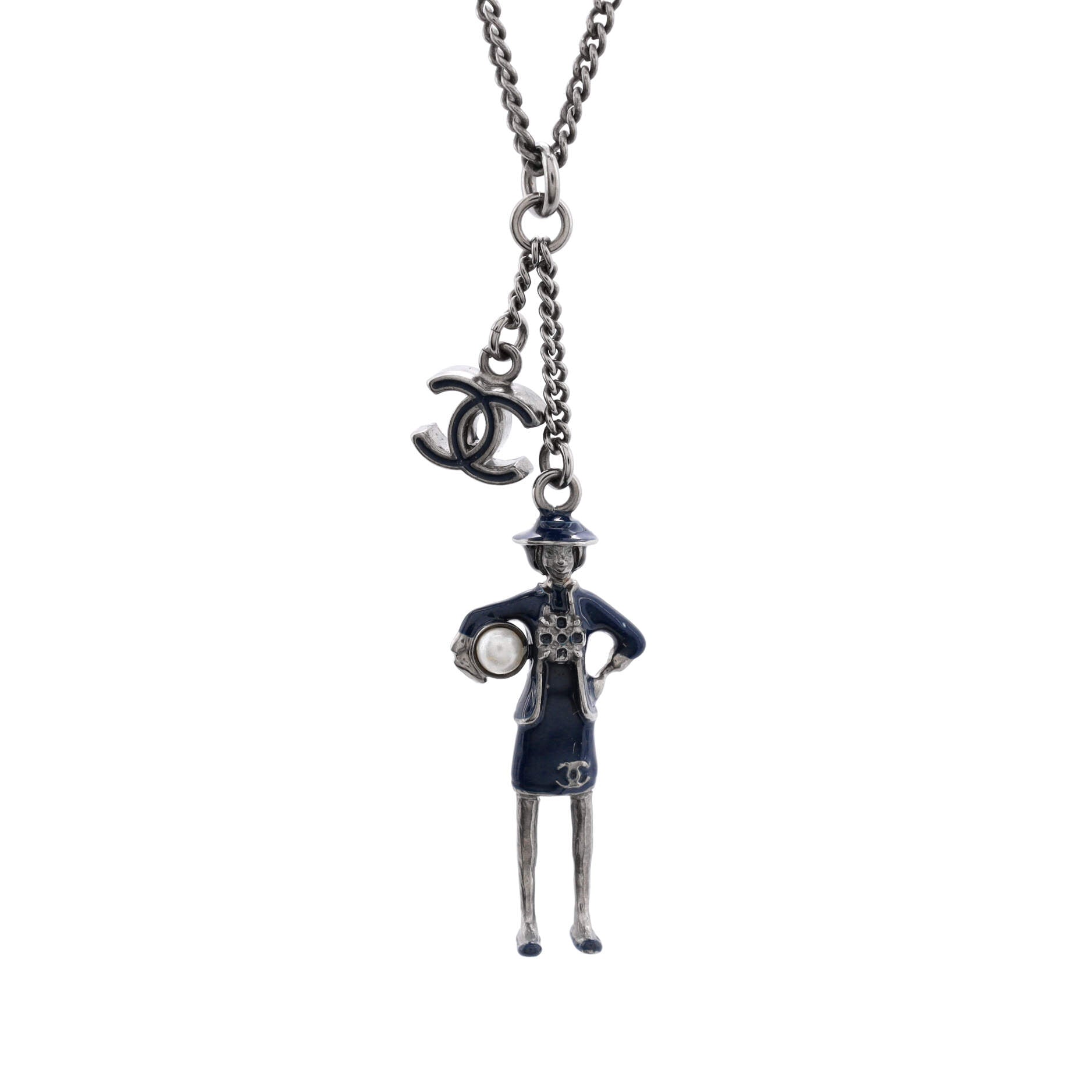 CC Coco Mademoiselle Figurine Pendant Necklace Metal with Faux Pearl and Enamel