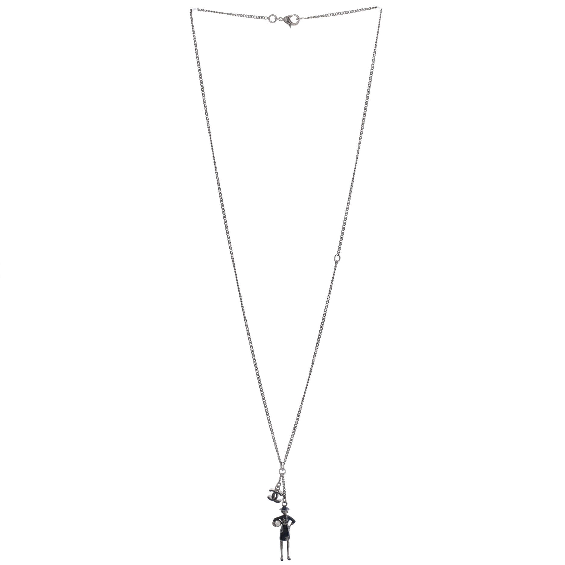 CC Coco Mademoiselle Figurine Pendant Necklace Metal with Faux Pearl and Enamel