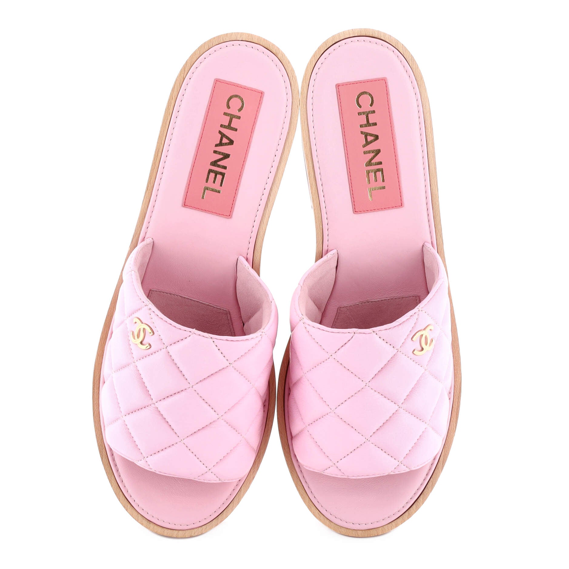 Women's Open Toe Platform Sandals Quilted Leather and Wood