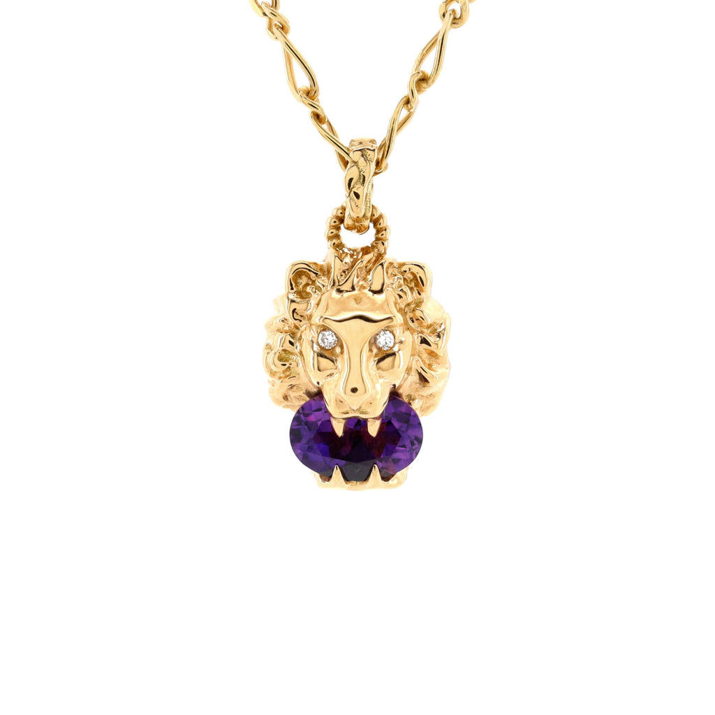Lion Head Necklace 18K Yellow Gold with Amethyst and Diamonds
