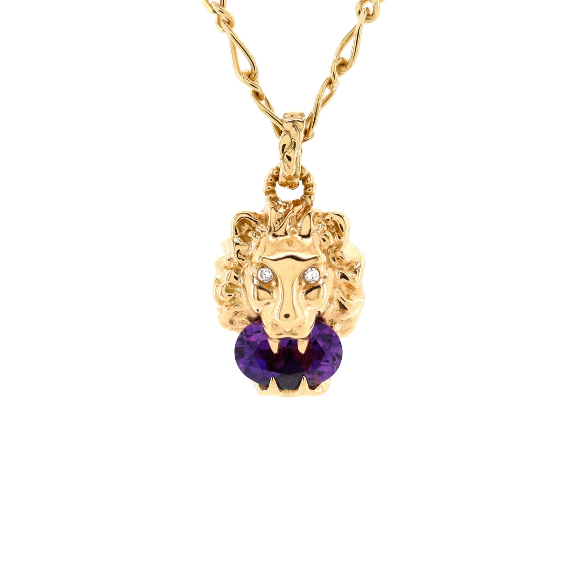Lion Head Necklace 18K Yellow Gold with Amethyst and Diamonds