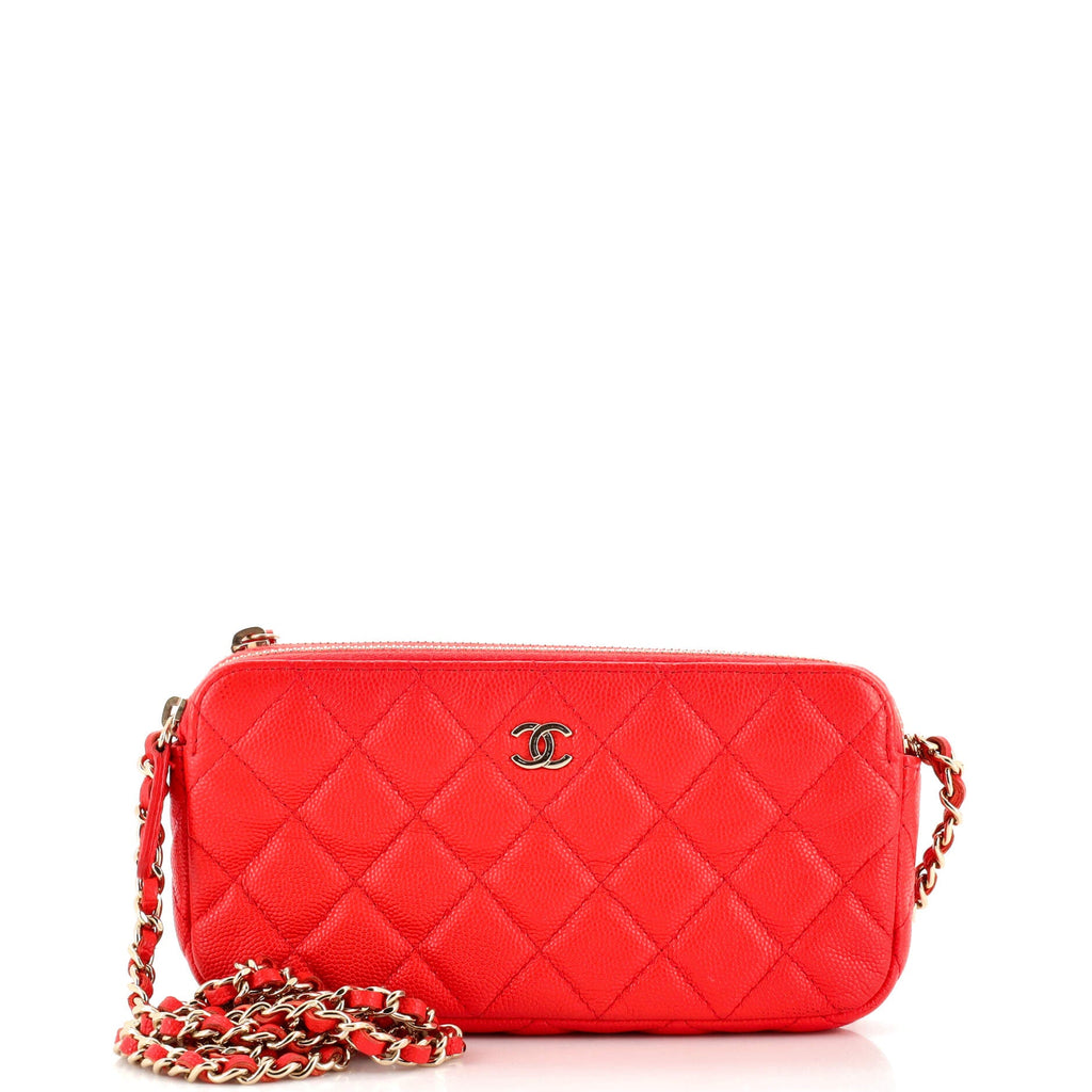 Double Zip Clutch with Chain Quilted Caviar