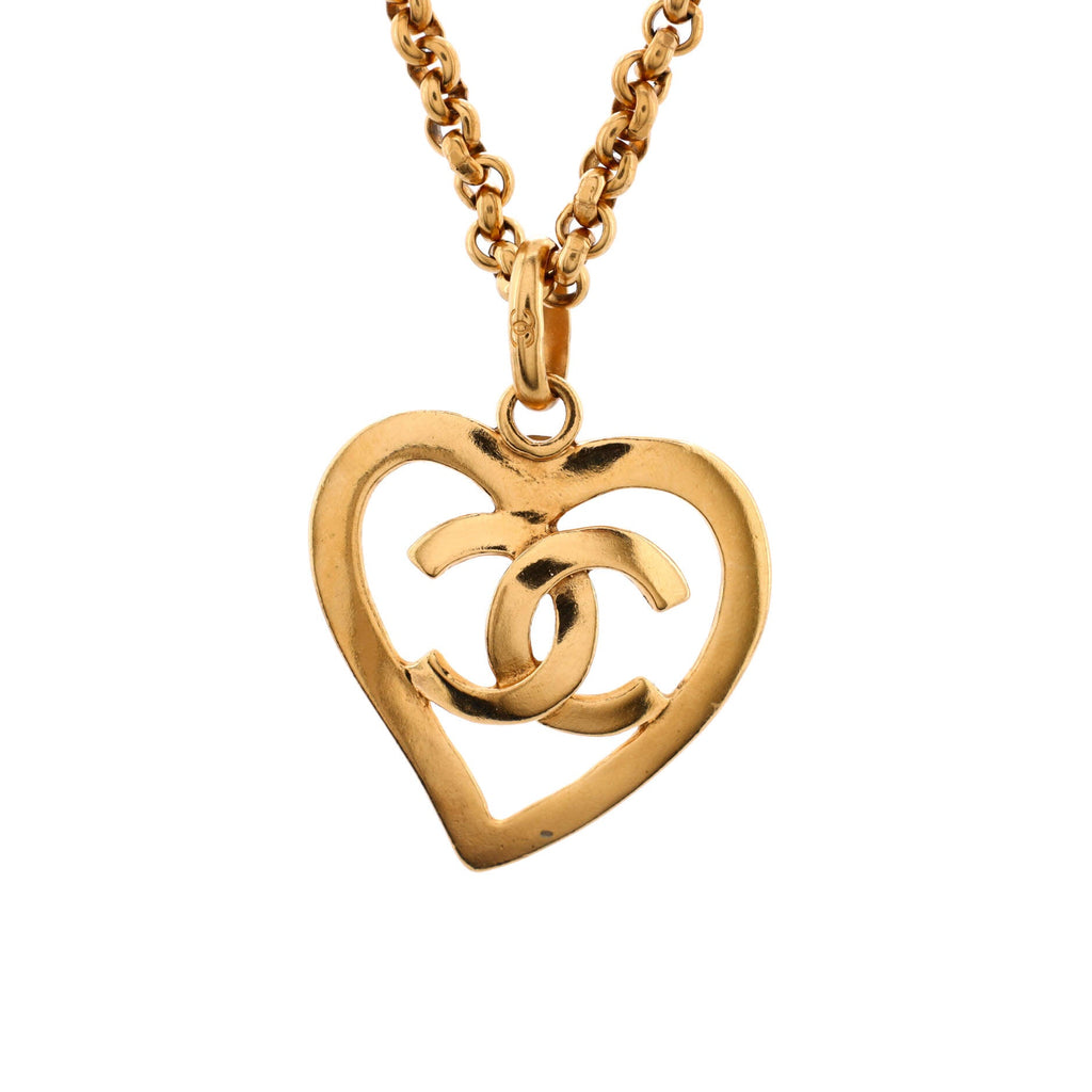Vintage CC Heart Pendant Long Necklace Metal