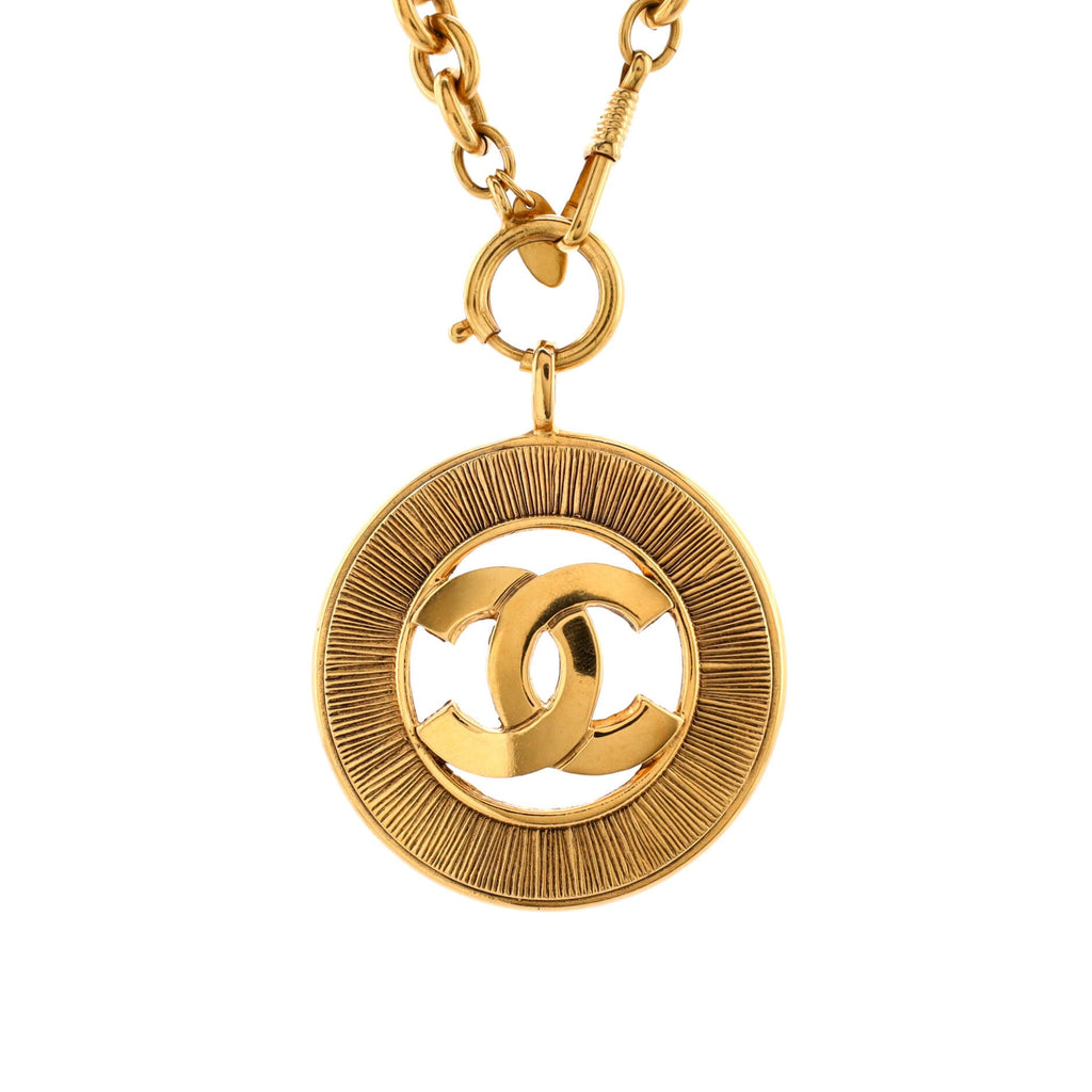Vintage CC Round Cut-Out Pendant Necklace Metal