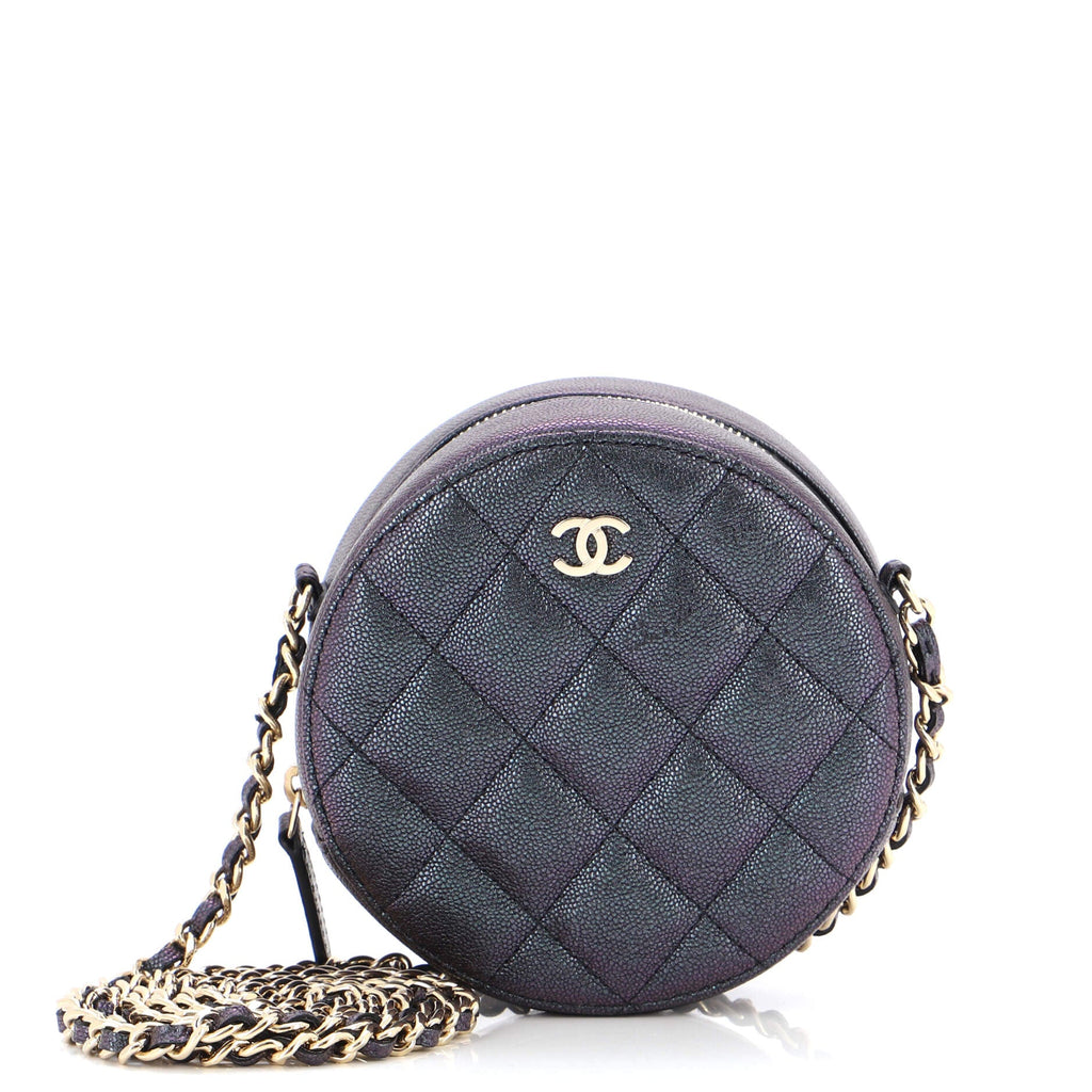 Round Clutch with Chain Quilted Iridescent Caviar Mini