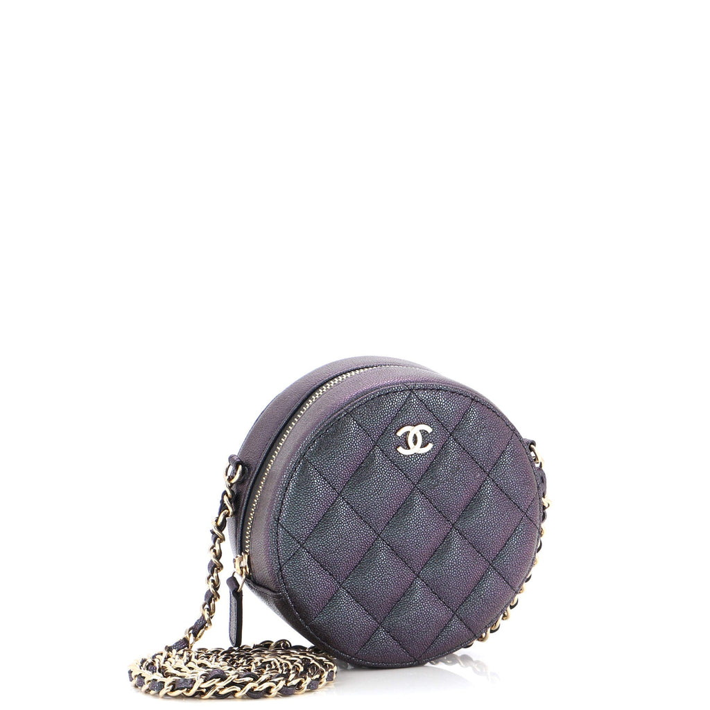 Round Clutch with Chain Quilted Iridescent Caviar Mini