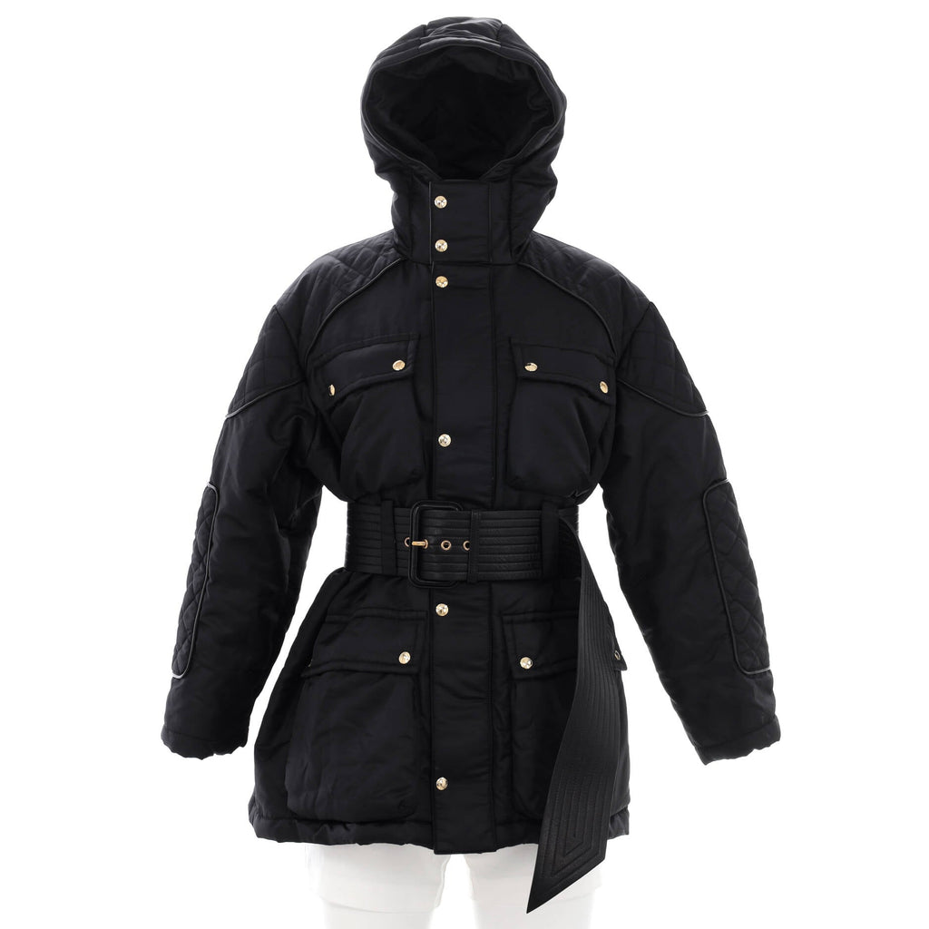 Women's Hooded Belted Puffer Jacket Quilted Polyamide with Down Blend and Leather