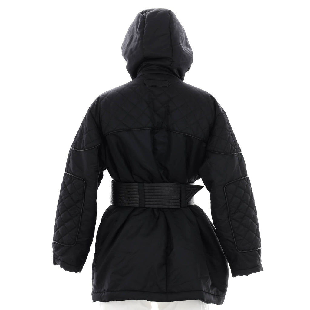 Women's Hooded Belted Puffer Jacket Quilted Polyamide with Down Blend and Leather