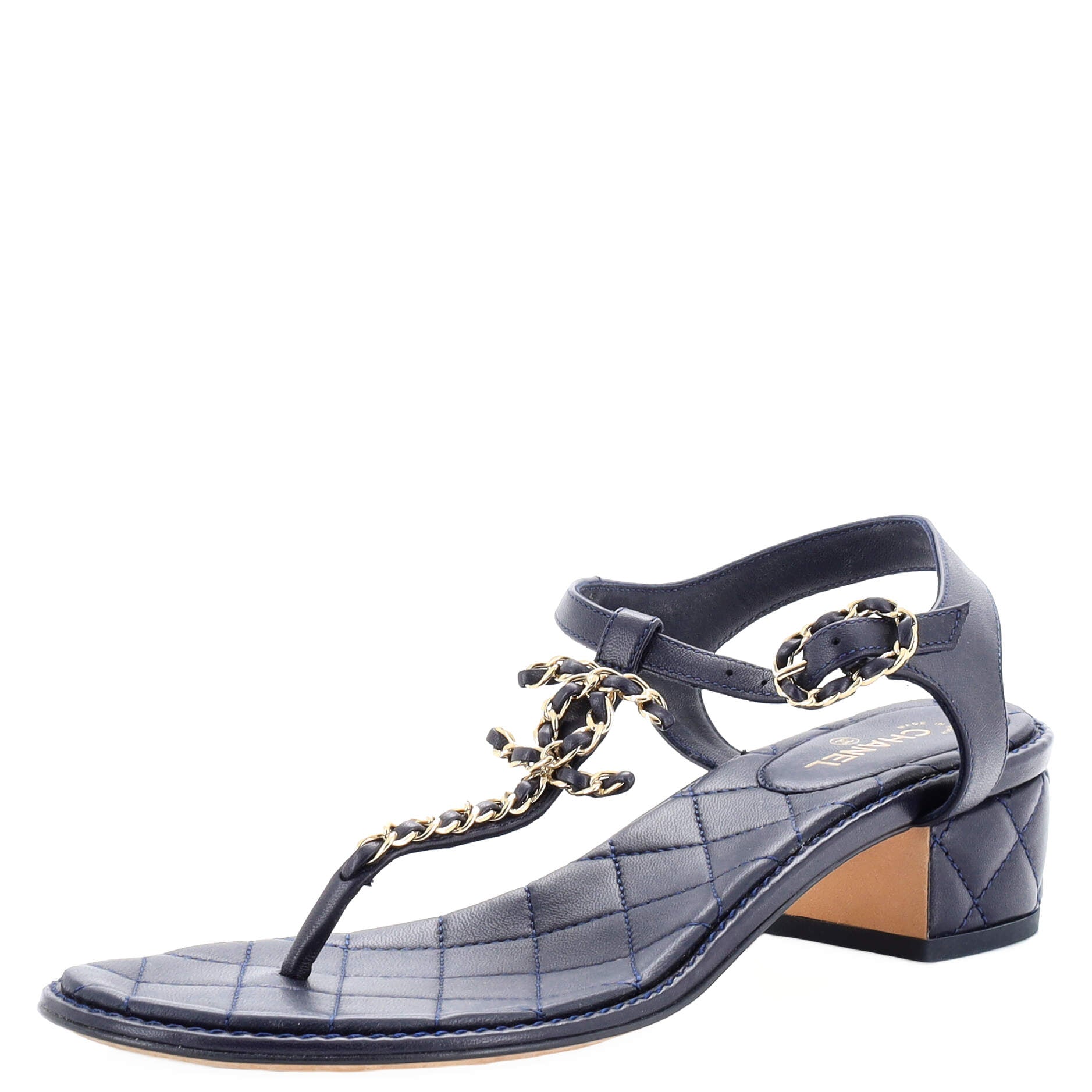 Women's CC Chain T-Strap Sandals Quilted Leather