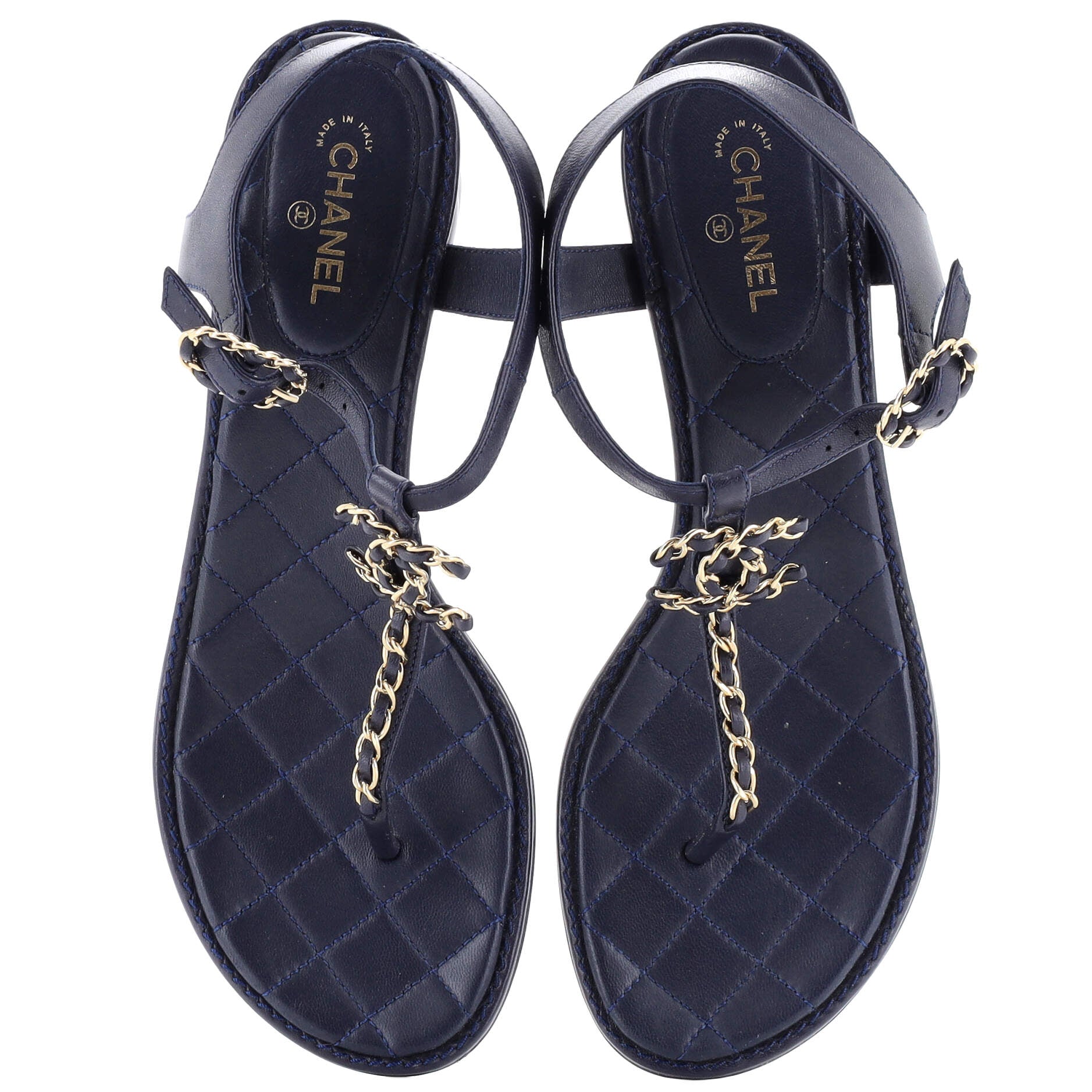 Women's CC Chain T-Strap Sandals Quilted Leather