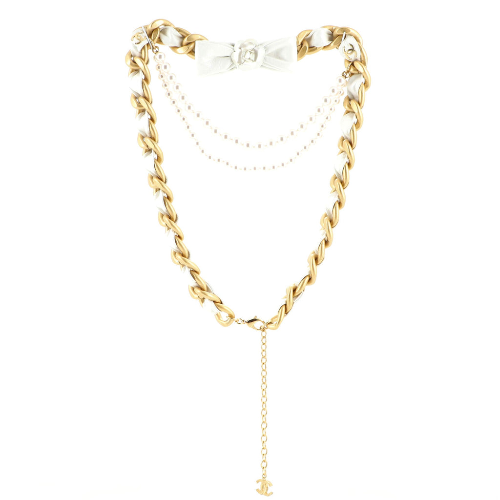 Camellia Bow Multistrand Chain Belt Leather with Metal and Faux Pearls 75