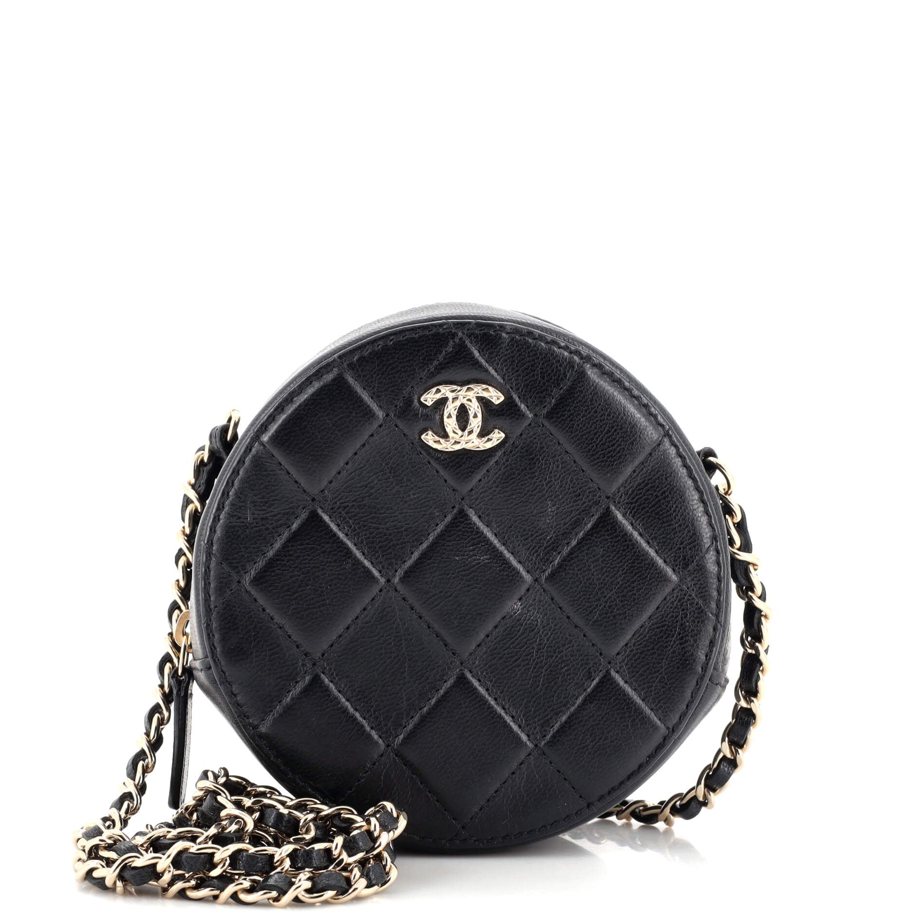 Round Clutch with Chain Debossed Quilted Leather