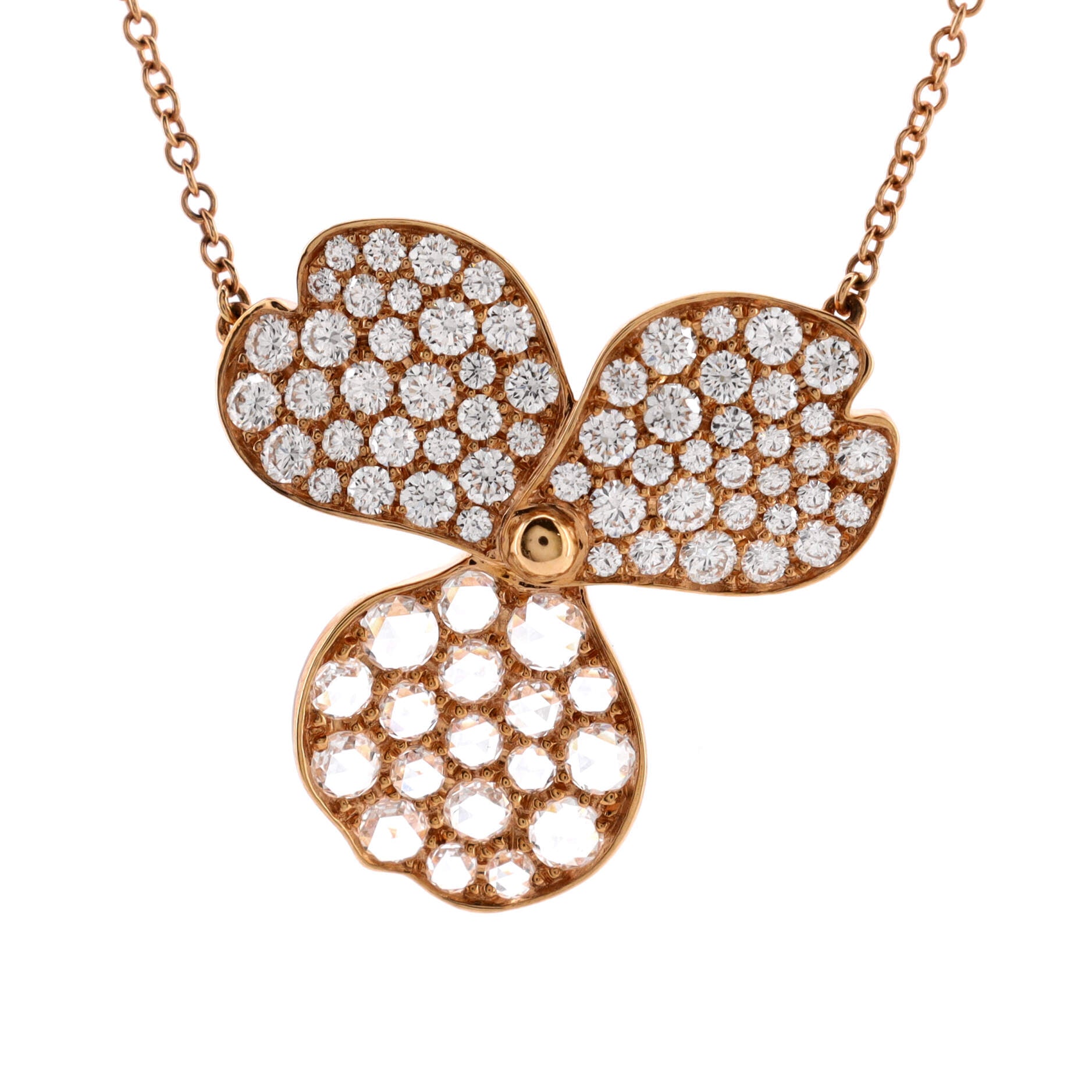 Paper Flowers Pendant Necklace 18K Rose Gold with Pave Diamonds Large
