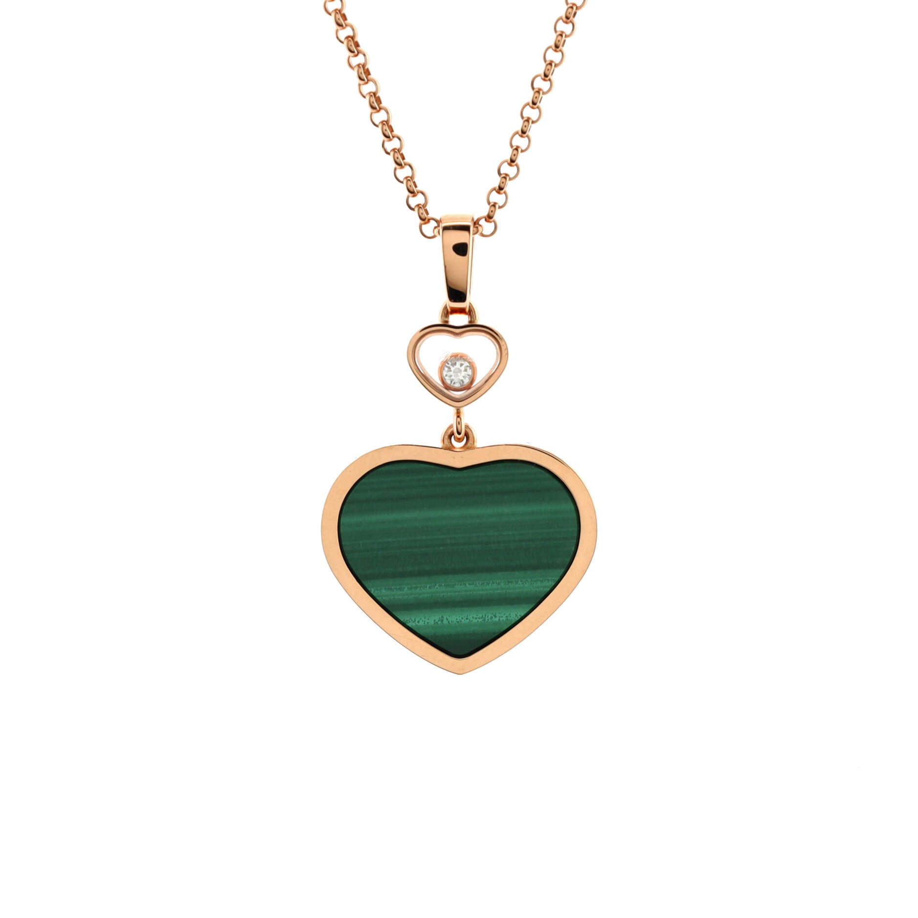 Happy Hearts Pendant Necklace 18K Rose Gold with Malachite and Floating Diamond