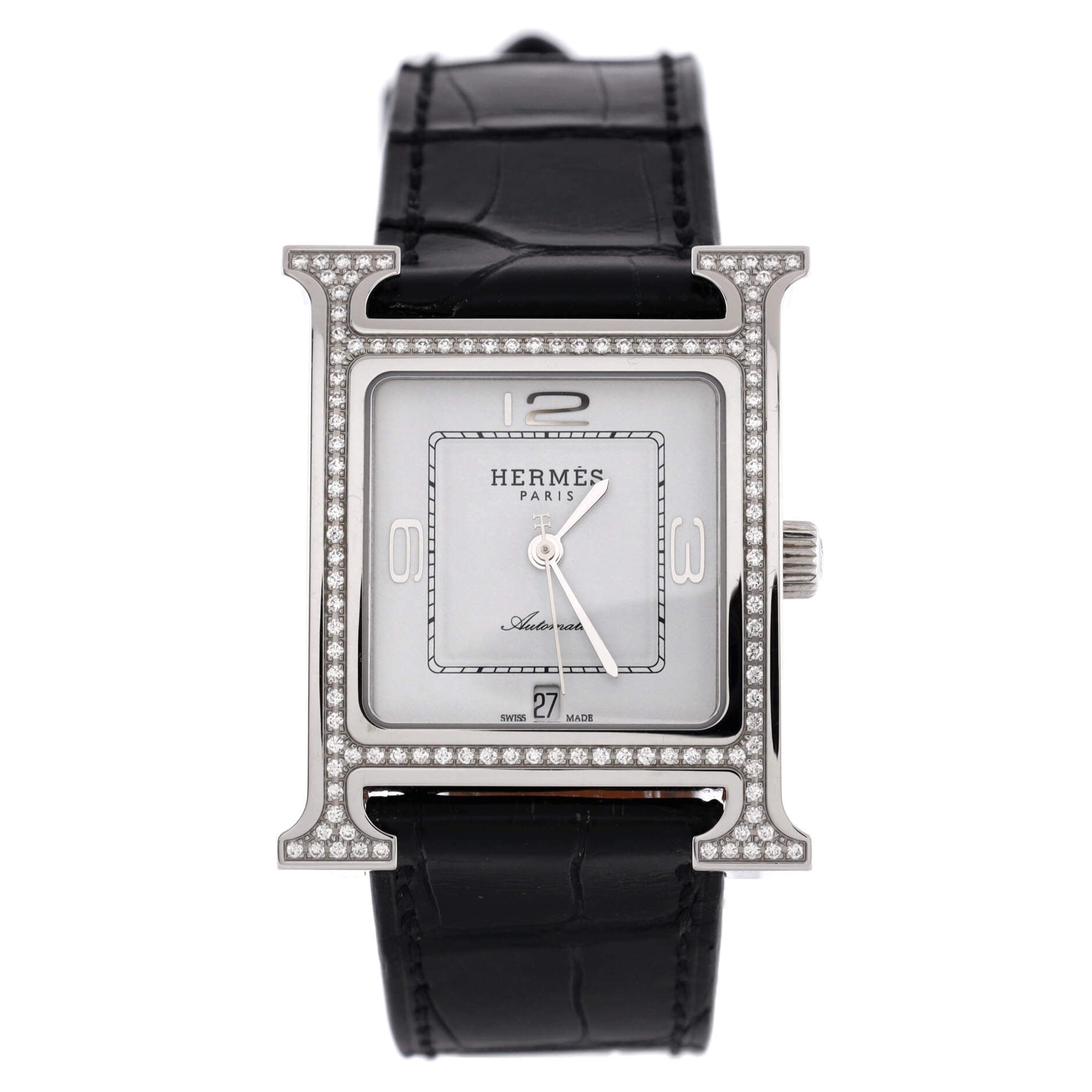 Heure H Automatic Watch Stainless Steel and Alligator with Diamond Bezel 26