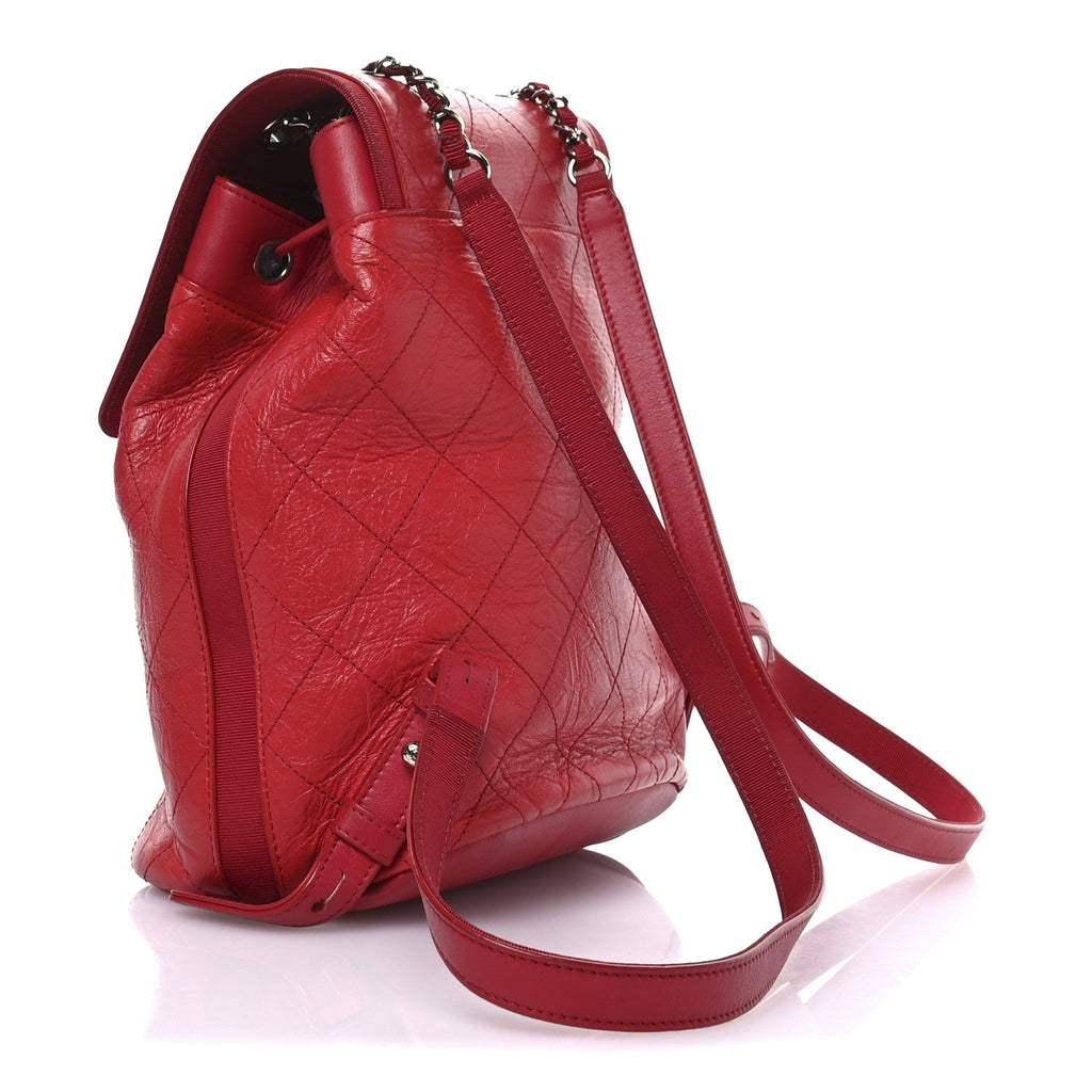 Crumpled Grained Calfskin Quilted Backpack Red