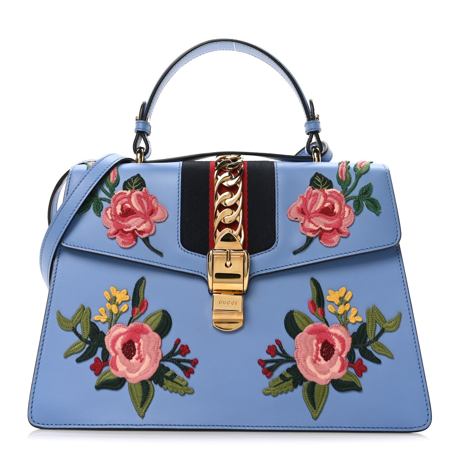Calfskin Embroidered Medium Sylvie Top Handle Bag Clear Sky Blue