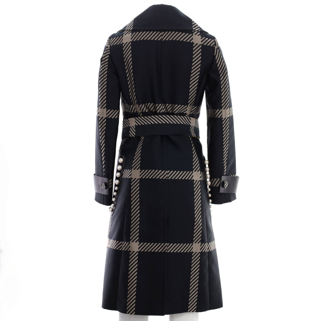 Women's Button Up Studded Pocket Long Coat Plaid Polyester and Polyamide