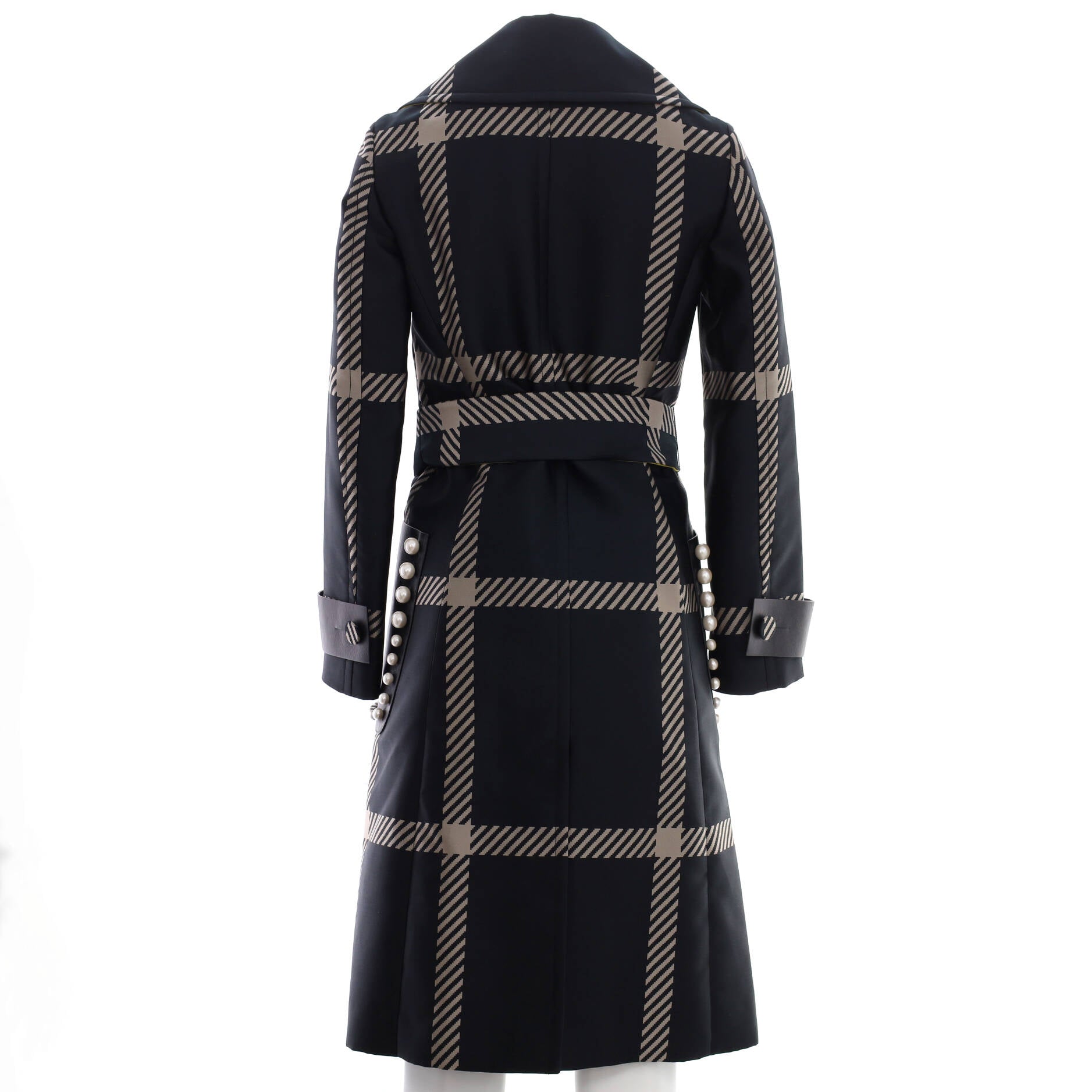 Women's Button Up Studded Pocket Long Coat Plaid Polyester and Polyamide