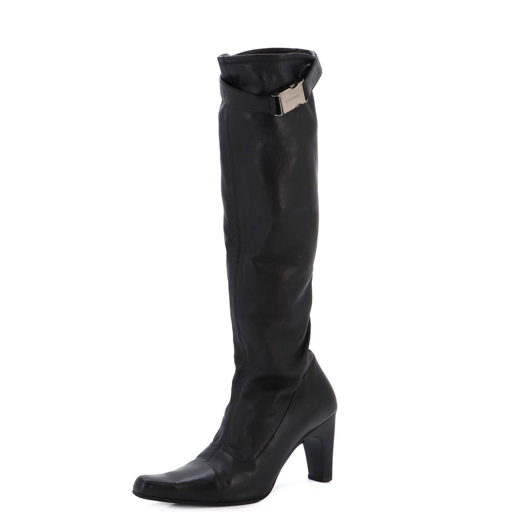 Women's Logo Buckle Knee High Heeled Boots Leather
