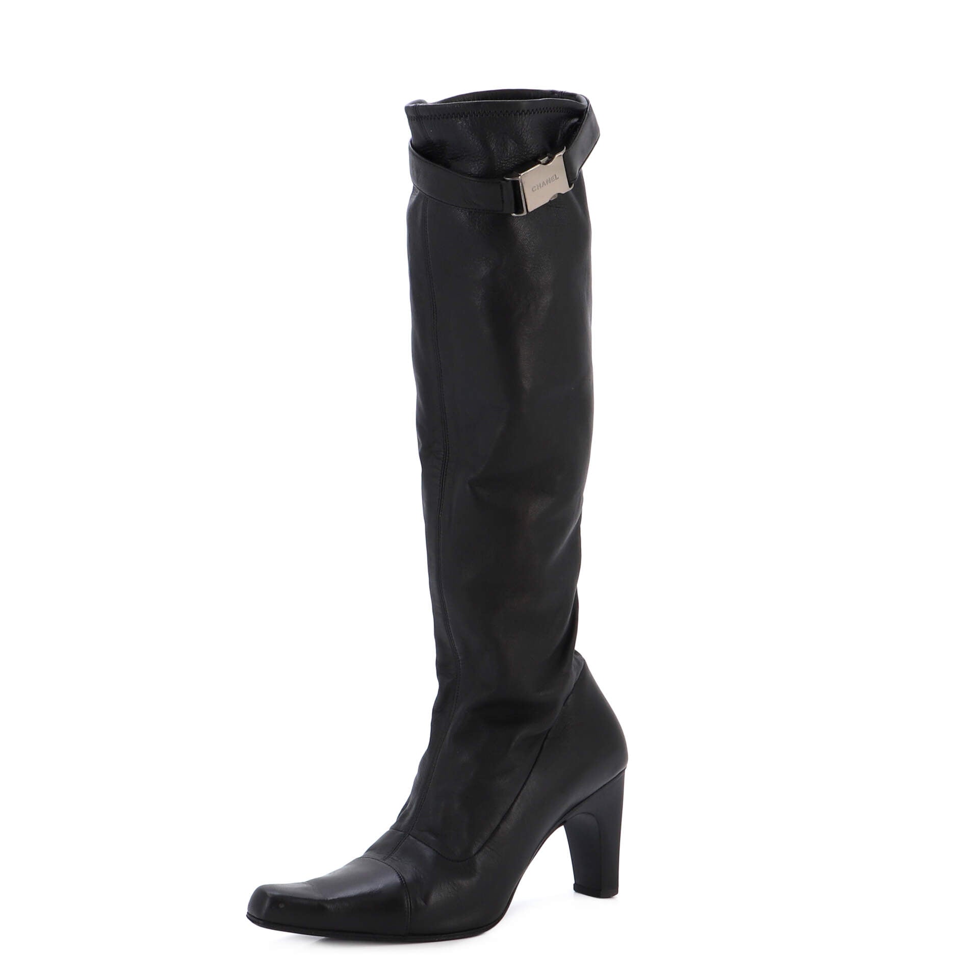 Women's Logo Buckle Knee High Heeled Boots Leather