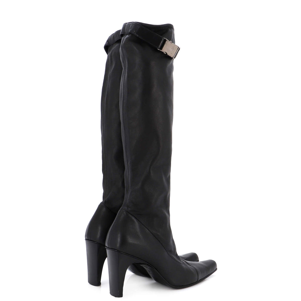 Women's Logo Buckle Knee High Heeled Boots Leather