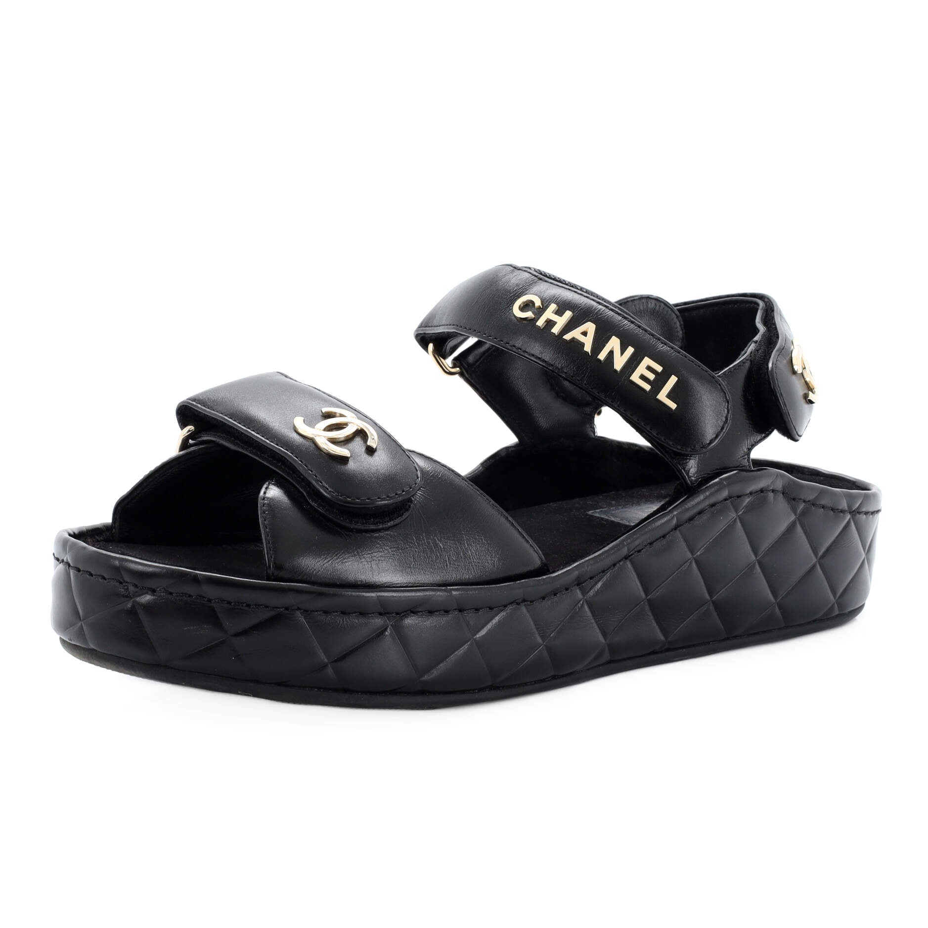 Women's Logo Velcro Strap Wedge Sandals Quilted Leather