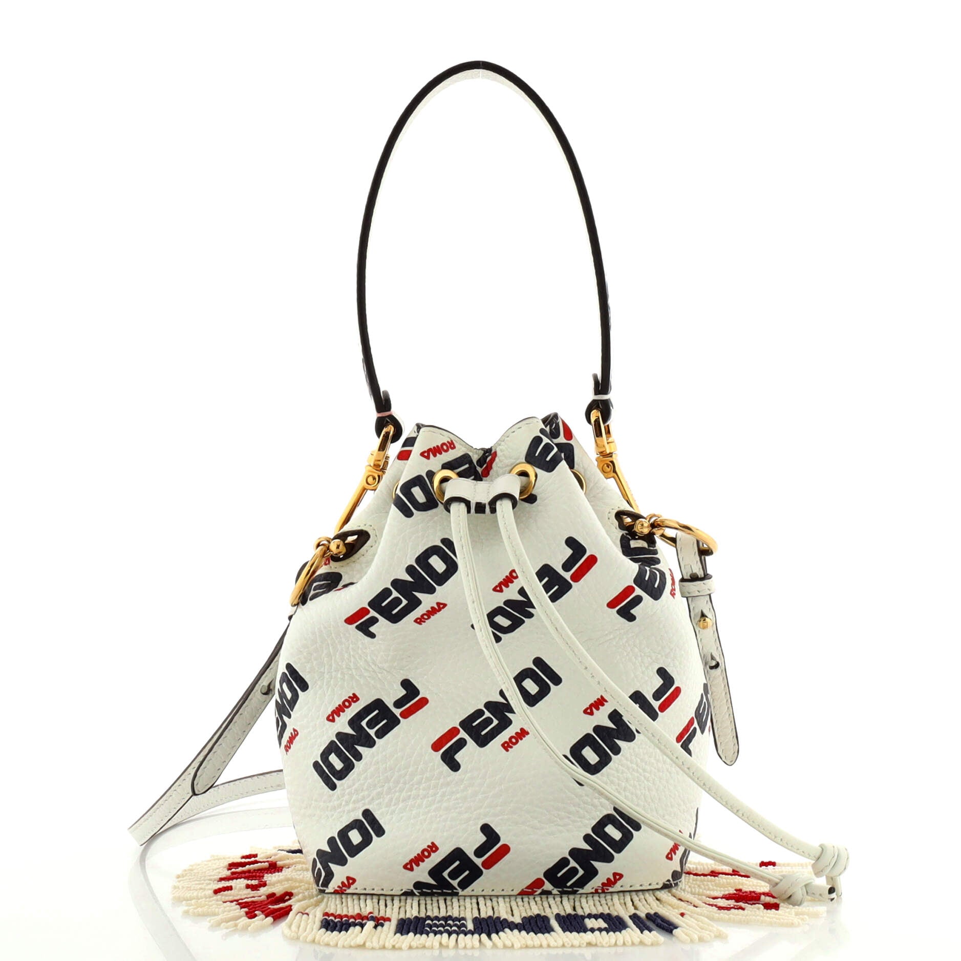 Mania Logo Mon Tresor Bucket Bag Printed Leather with Beaded Fringe Mini