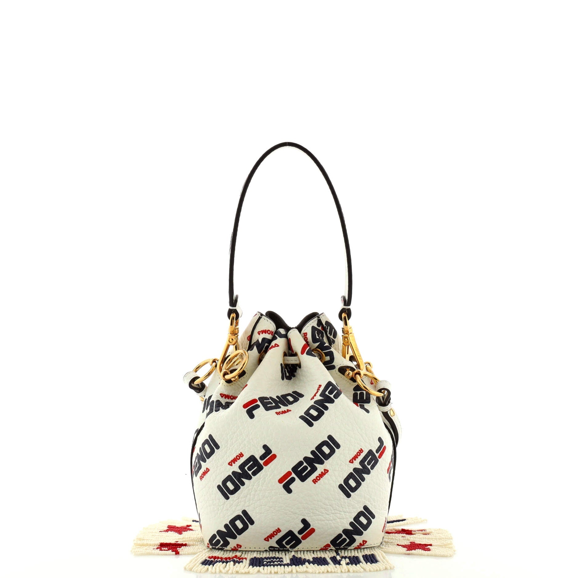 Mania Logo Mon Tresor Bucket Bag Printed Leather with Beaded Fringe Mini